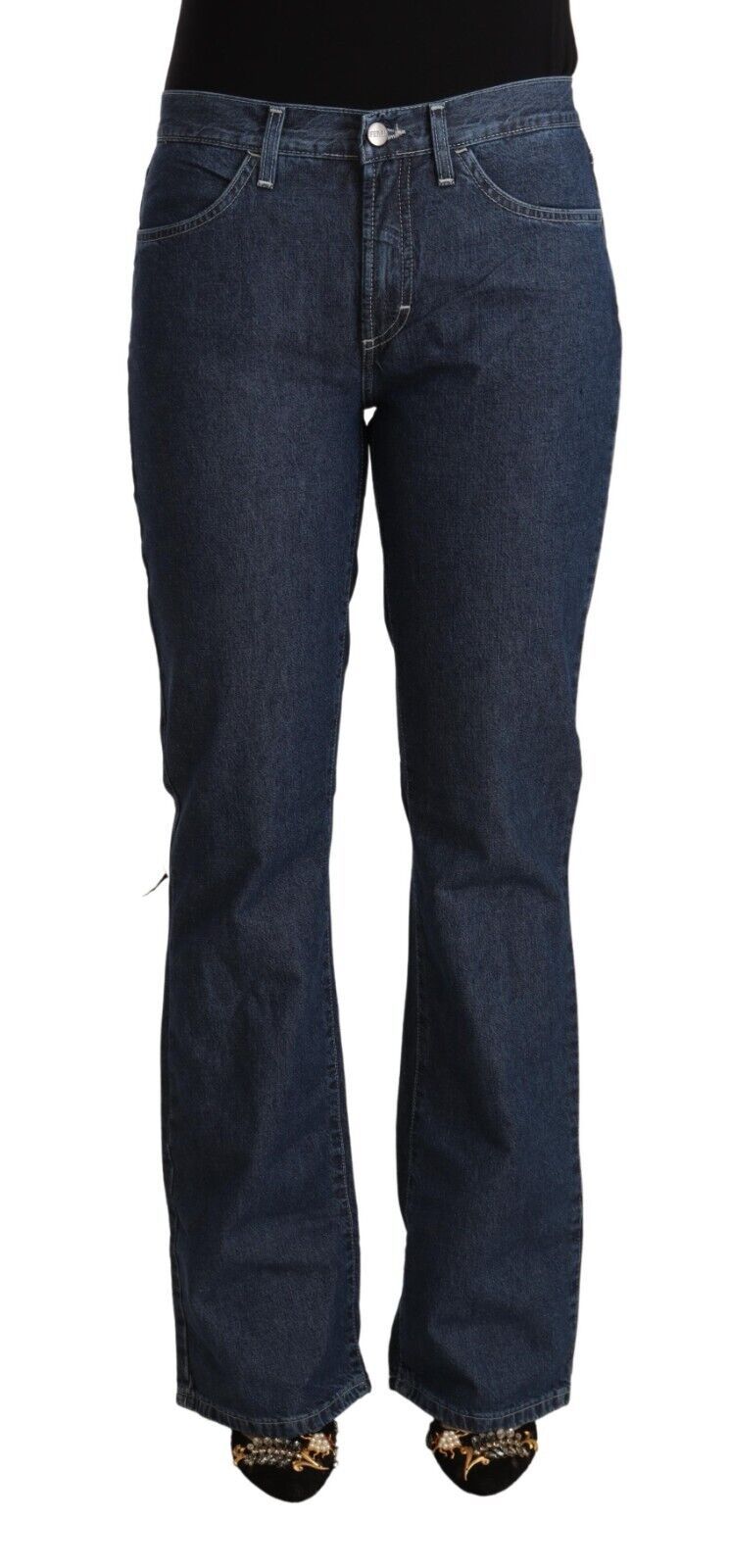 GF Ferre Blue Cotton Mid Waist Flared Denim Jeans | Regal Royce