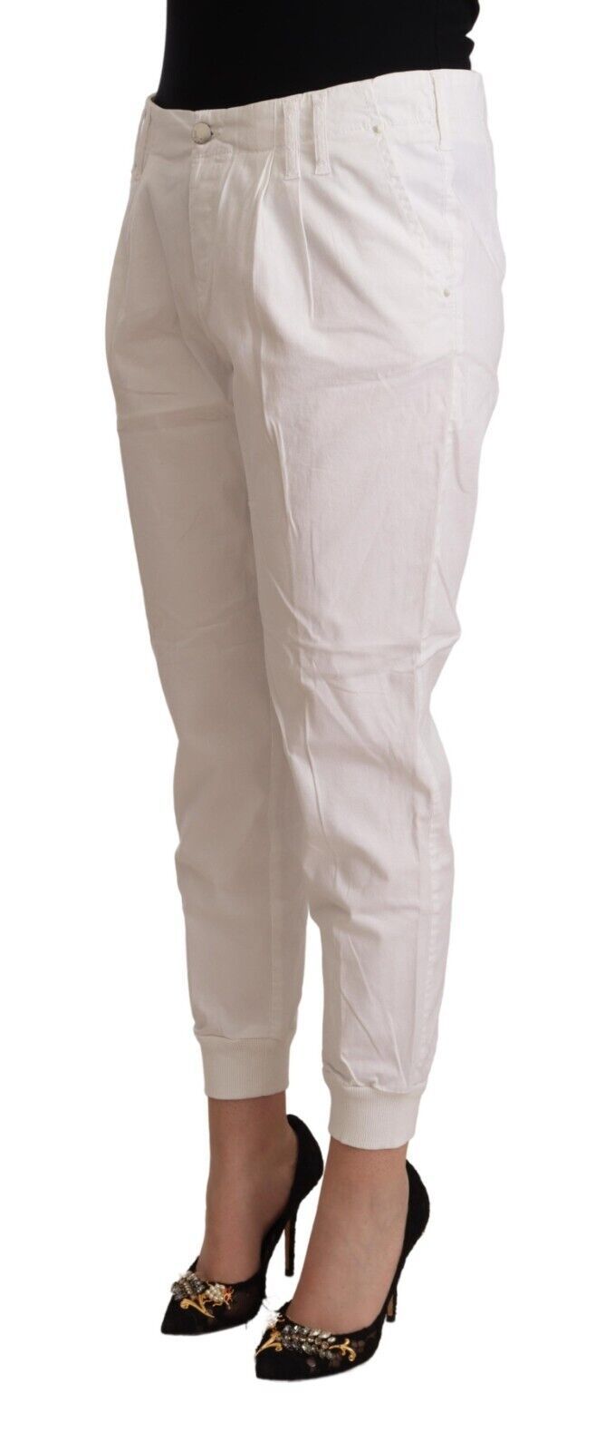 Met White Cotton Mid Waist Tapered Cropped Pants | Regal Royce