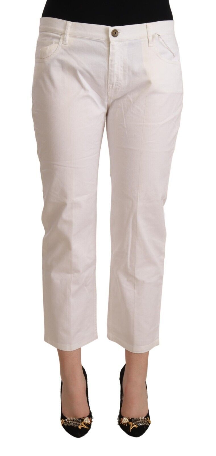 L'Autre Chose White Cotton Mid Waist Cropped Denim Jeans | Regal Royce
