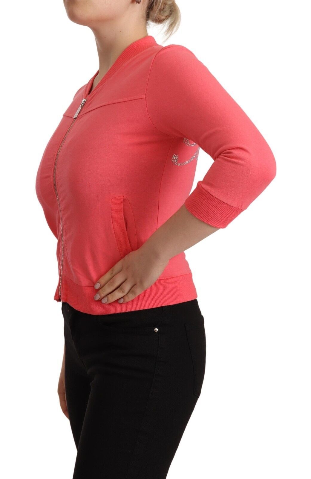 Blumarine Pink 3/4 Sleeve Zip Embellished Sweater | Regal Royce