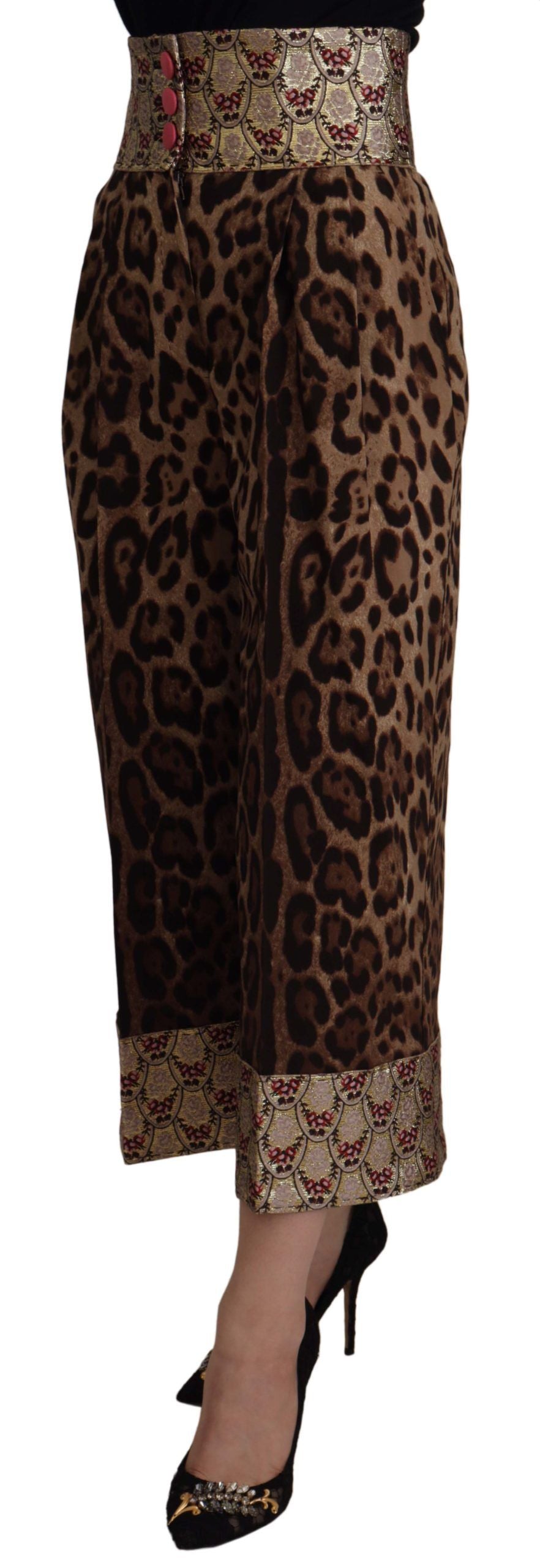 Dolce & Gabbana Brown Leopard Gold Jacquard High Waist Pants | Regal Royce