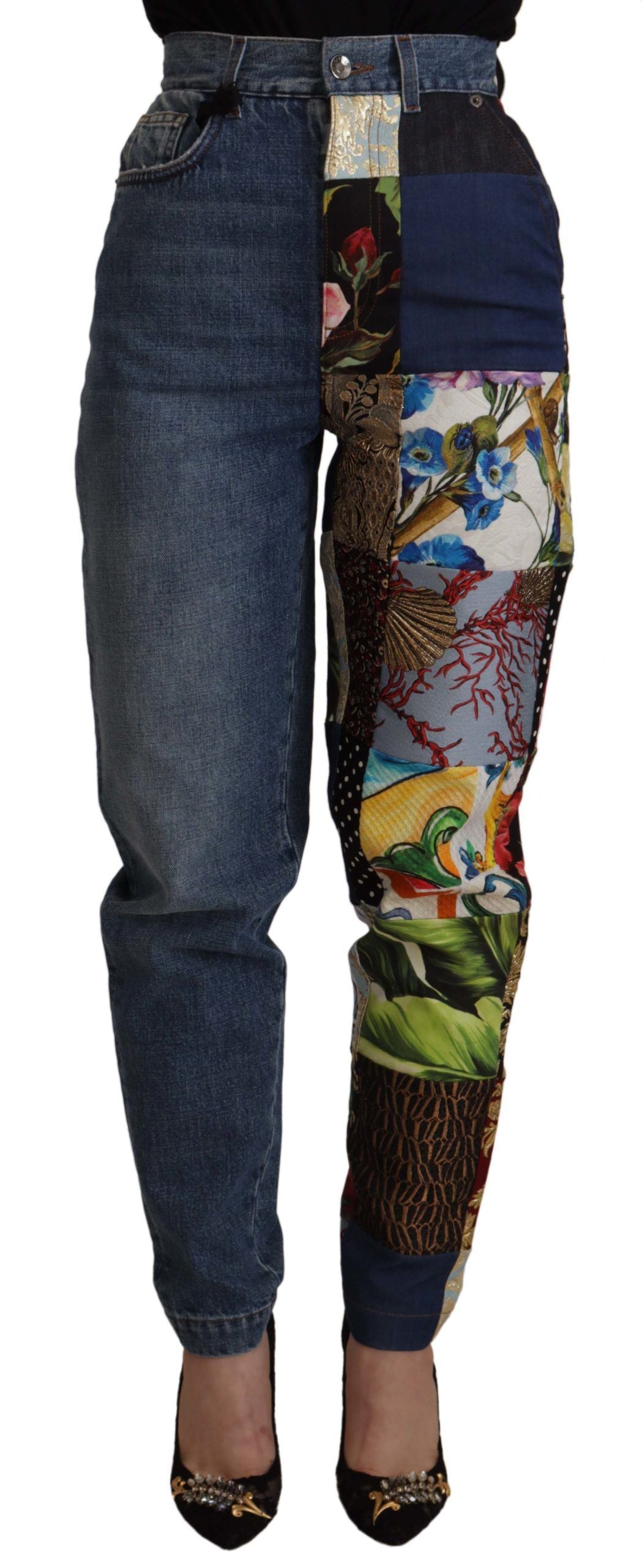 Dolce & Gabbana Blue Jeans Jacquard Majolica High Waist Pants | Regal Royce