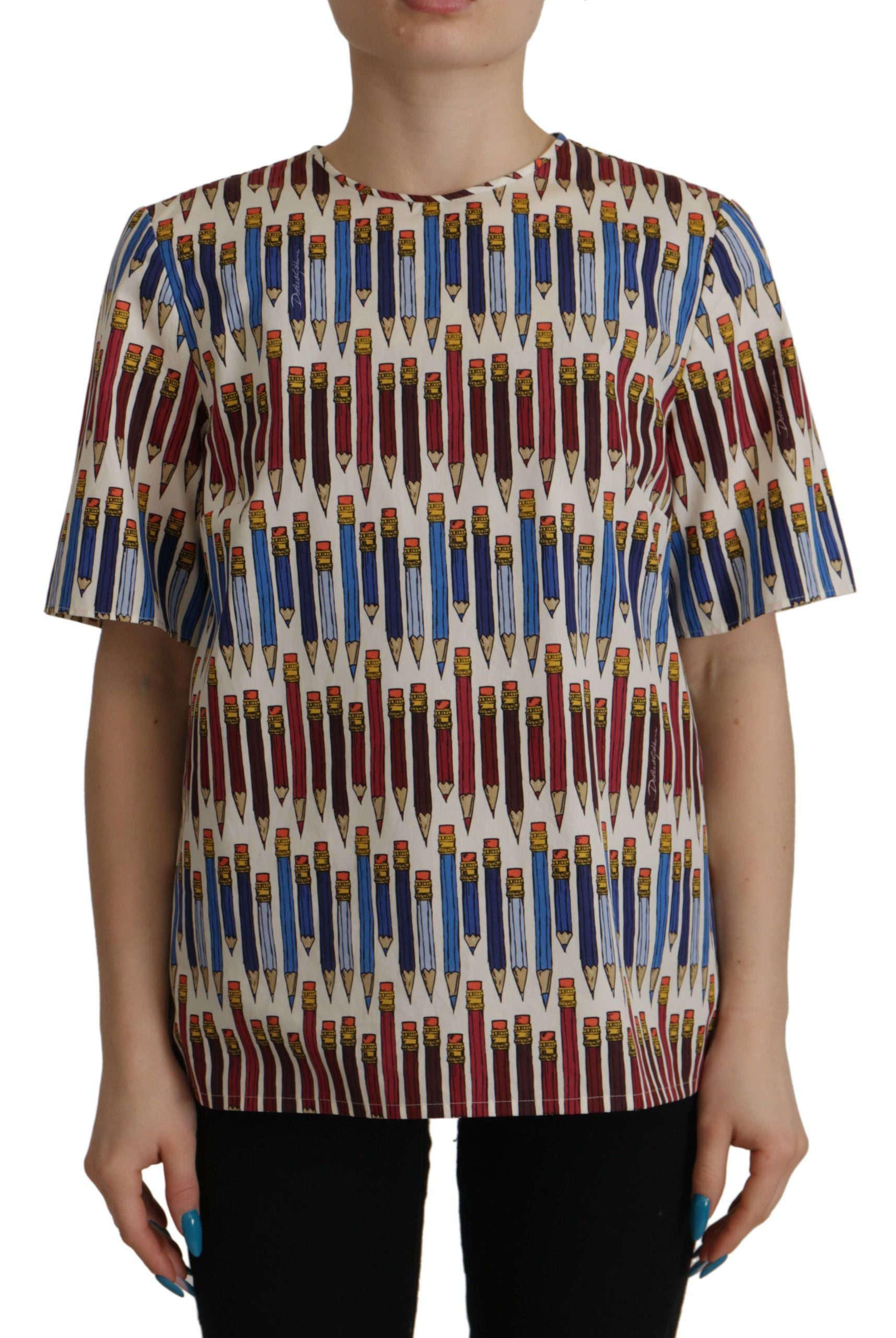 Dolce & Gabbana White Pencil Print Cotton T-shirt Blouse | Regal Royce