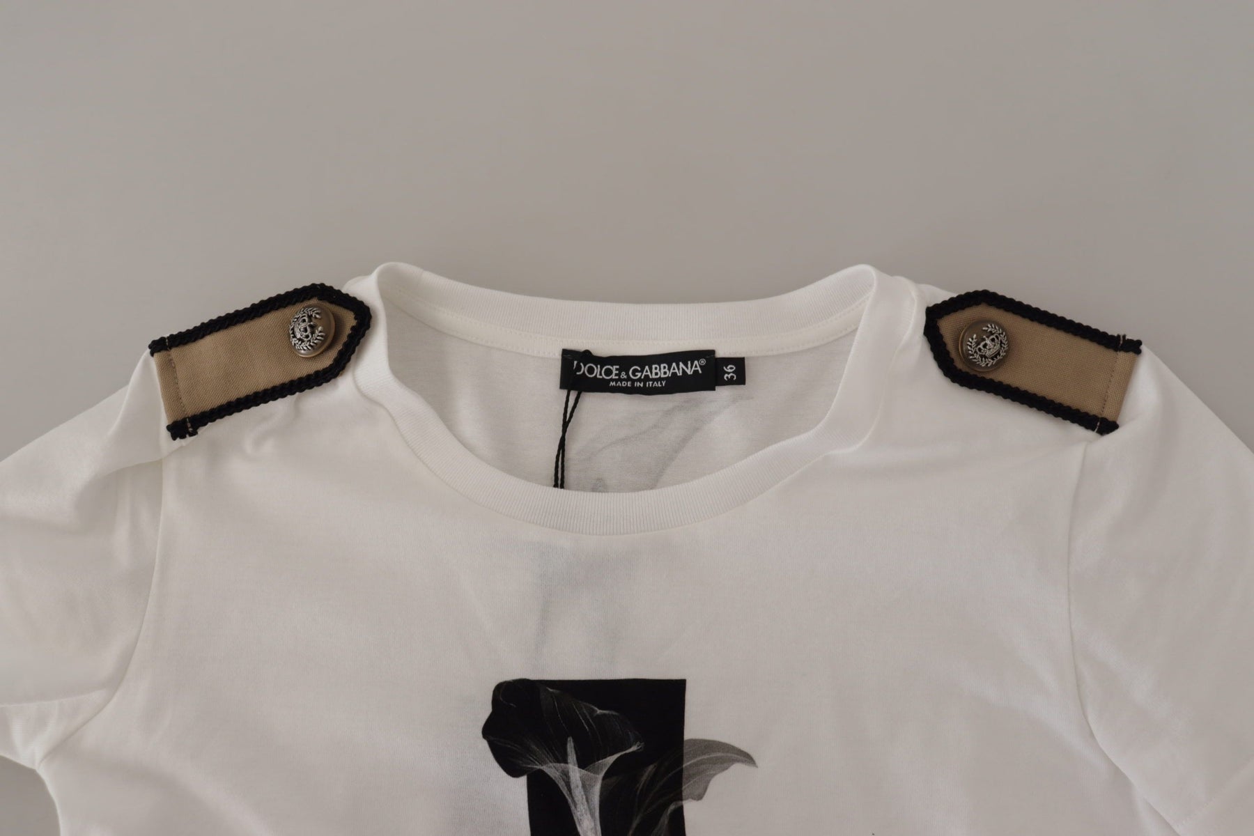 Dolce & Gabbana White Black Roses Crewneck Cotton  T-shirt | Regal Royce