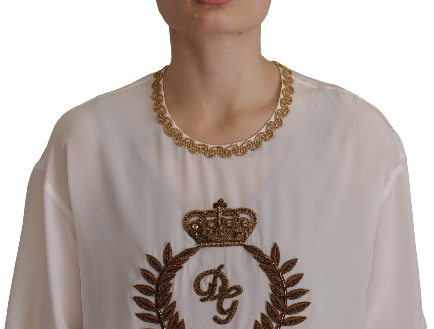 Dolce & Gabbana White Silk Gold DG Crown Crystal Blouse Top | Regal Royce