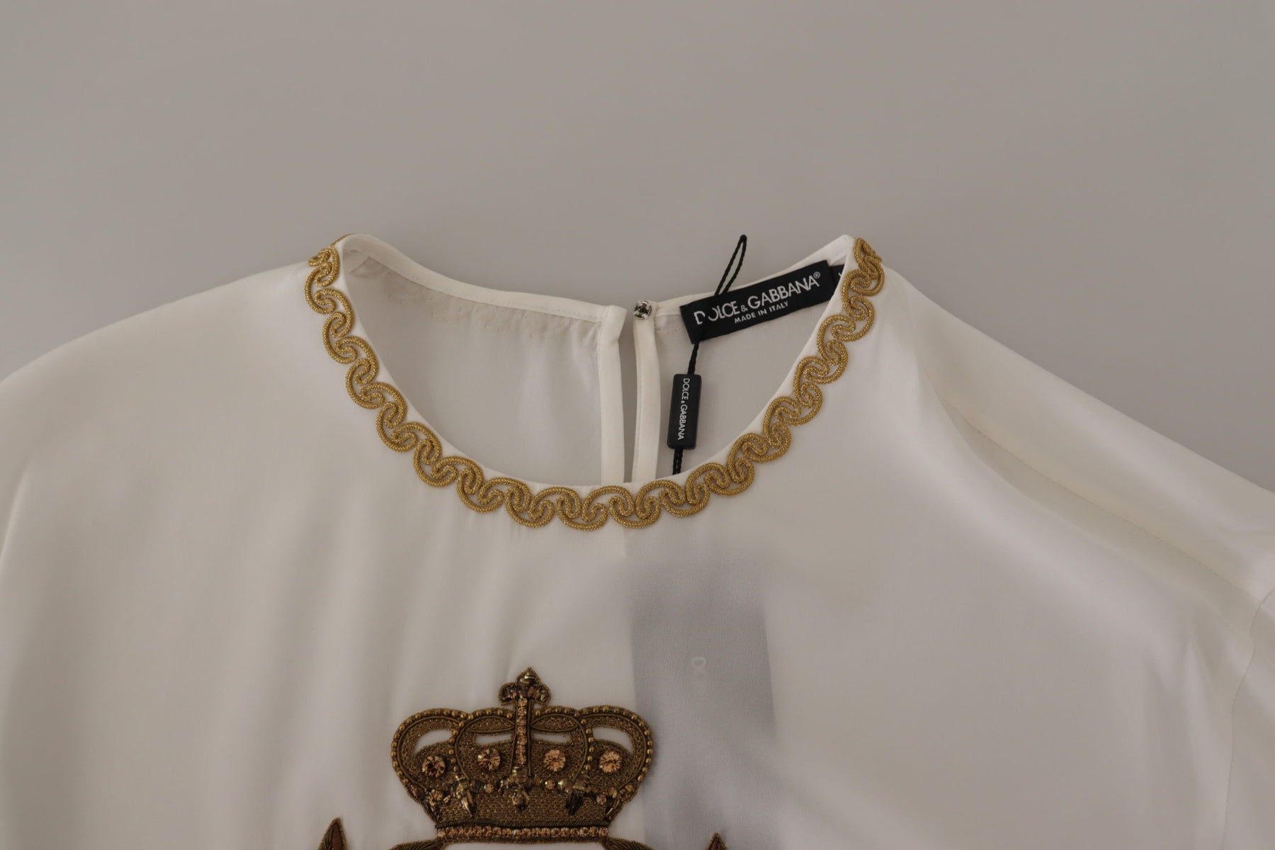 Dolce & Gabbana White Silk Gold DG Crown Crystal Blouse Top | Regal Royce