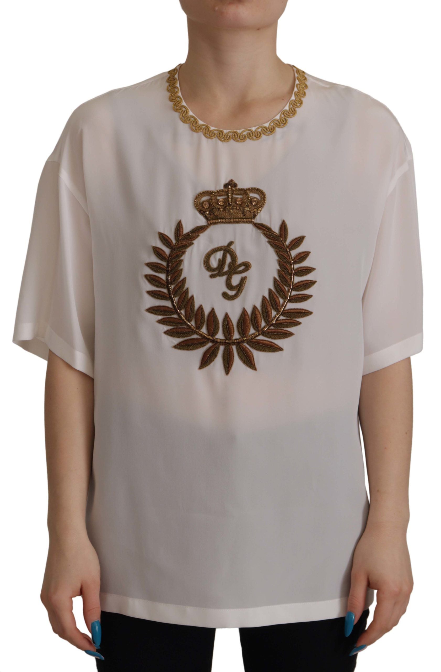 Dolce & Gabbana White Silk Gold DG Crown Crystal Blouse Top | Regal Royce