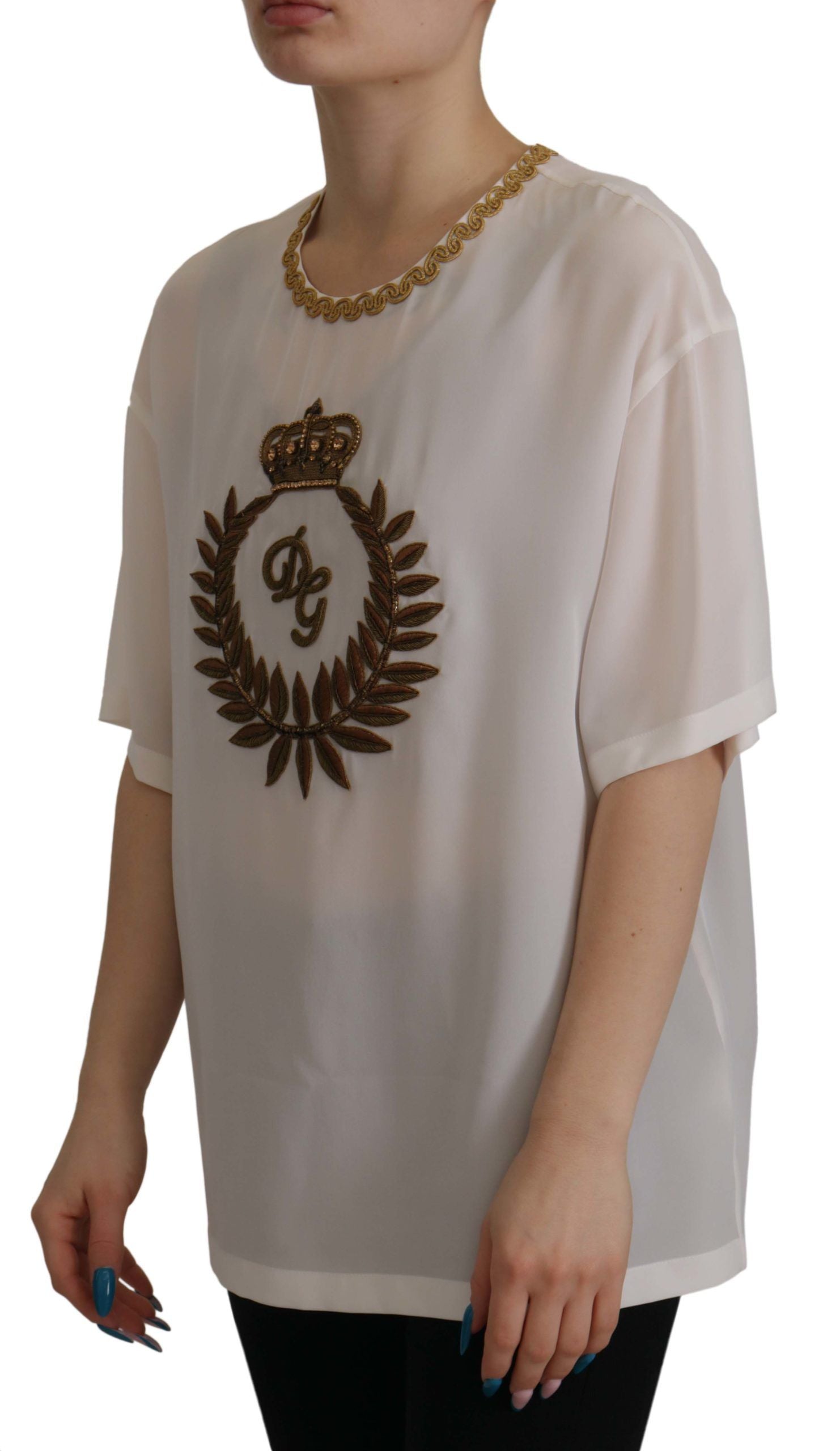 Dolce & Gabbana White Silk Gold DG Crown Crystal Blouse Top | Regal Royce