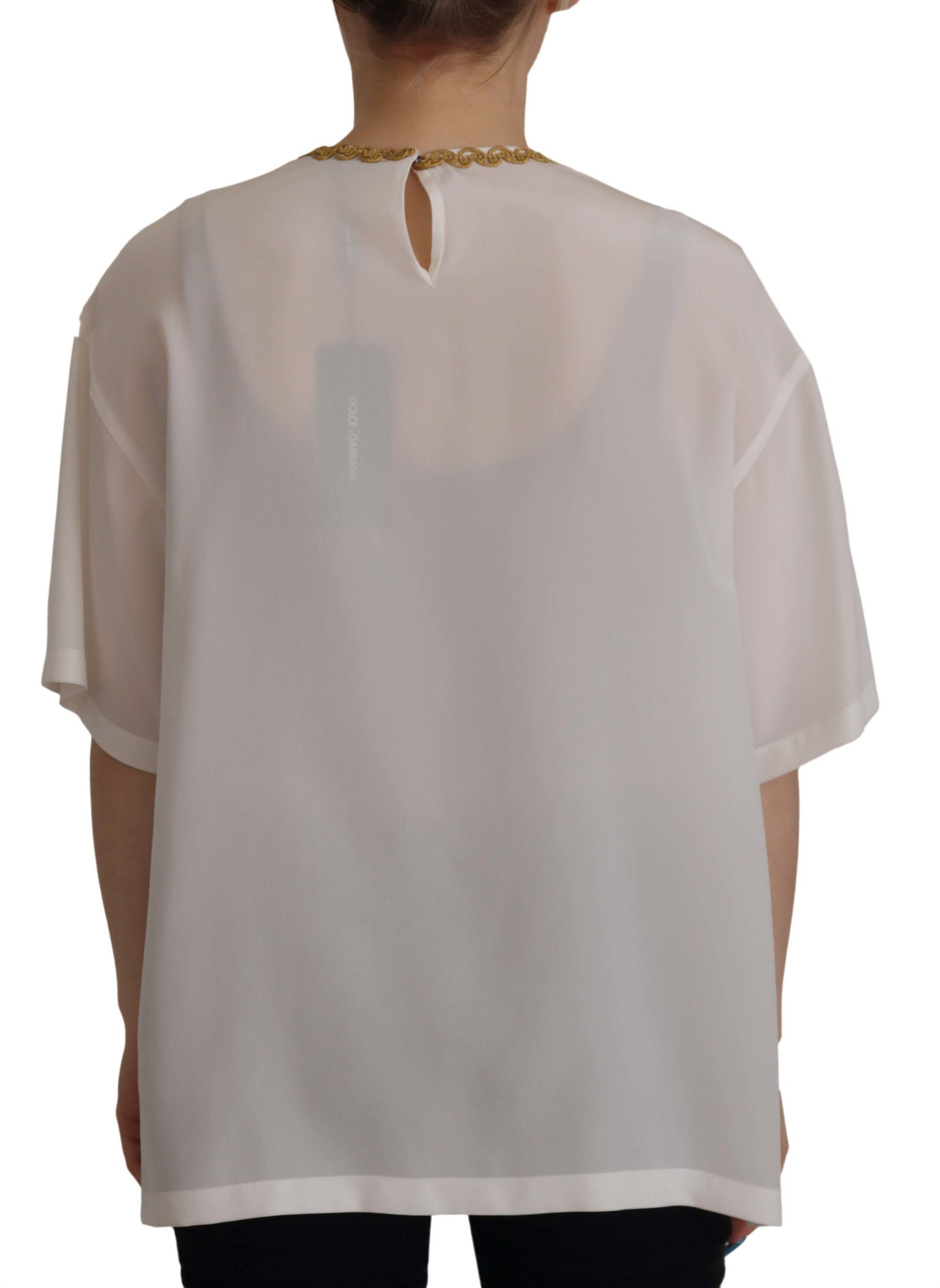 Dolce & Gabbana White Silk Gold DG Crown Crystal Blouse Top | Regal Royce