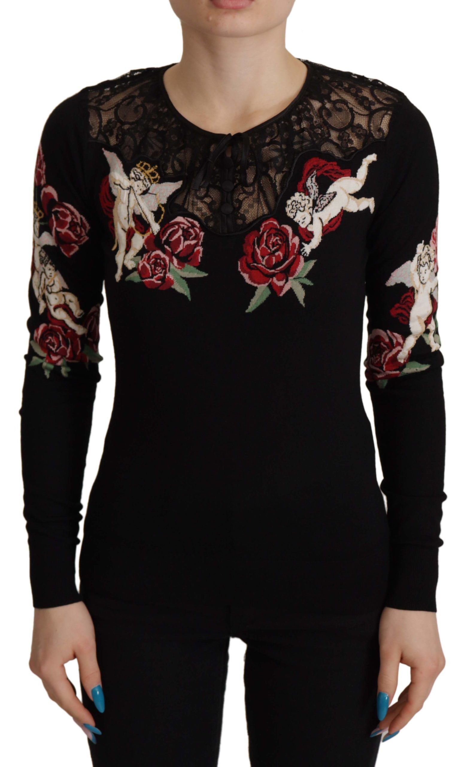 Dolce & Gabbana Black Lace Angel Roses Cardigan Sweater | Regal Royce