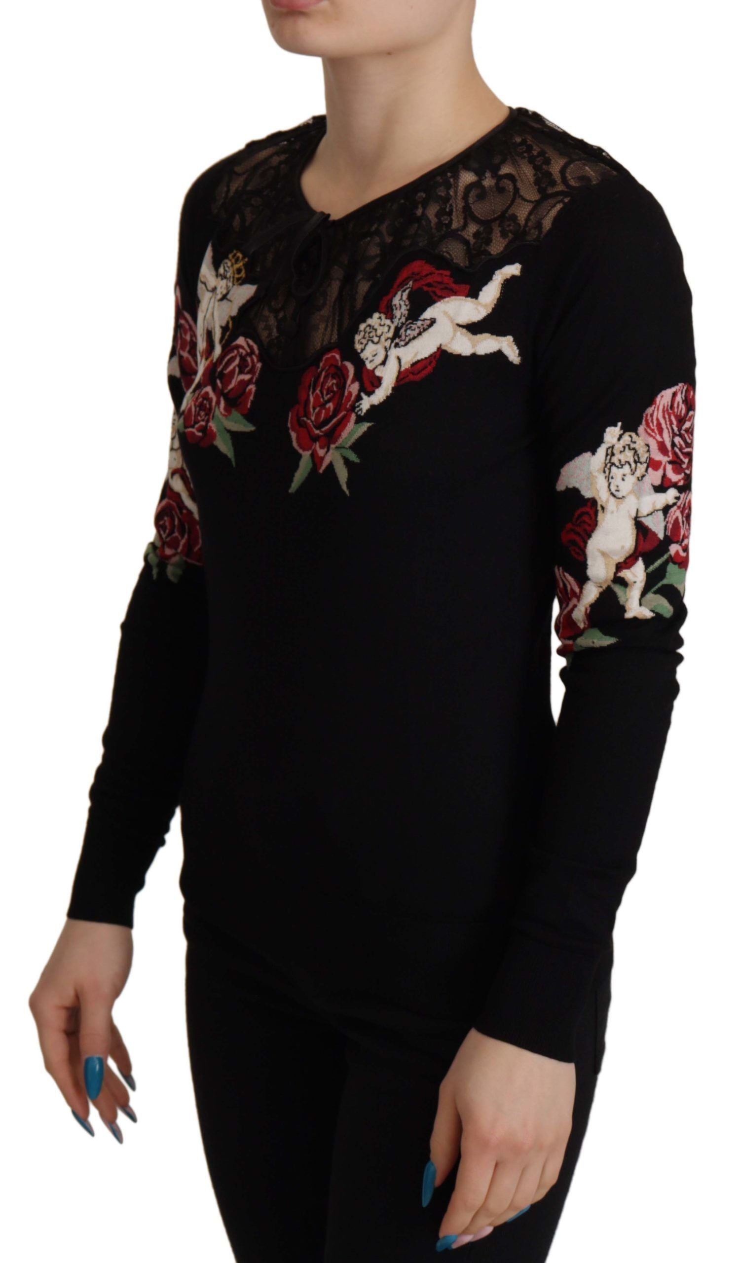 Dolce & Gabbana Black Lace Angel Roses Cardigan Sweater | Regal Royce