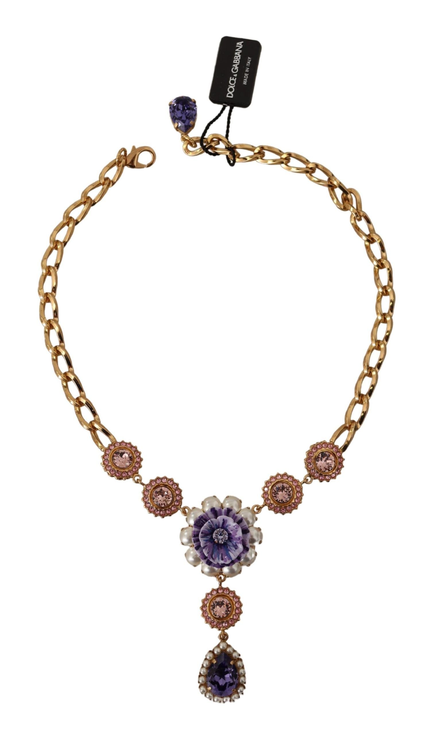 Dolce & Gabbana Gold Brass Crystal Purple Pink Pearl Pendants Necklace | Regal Royce