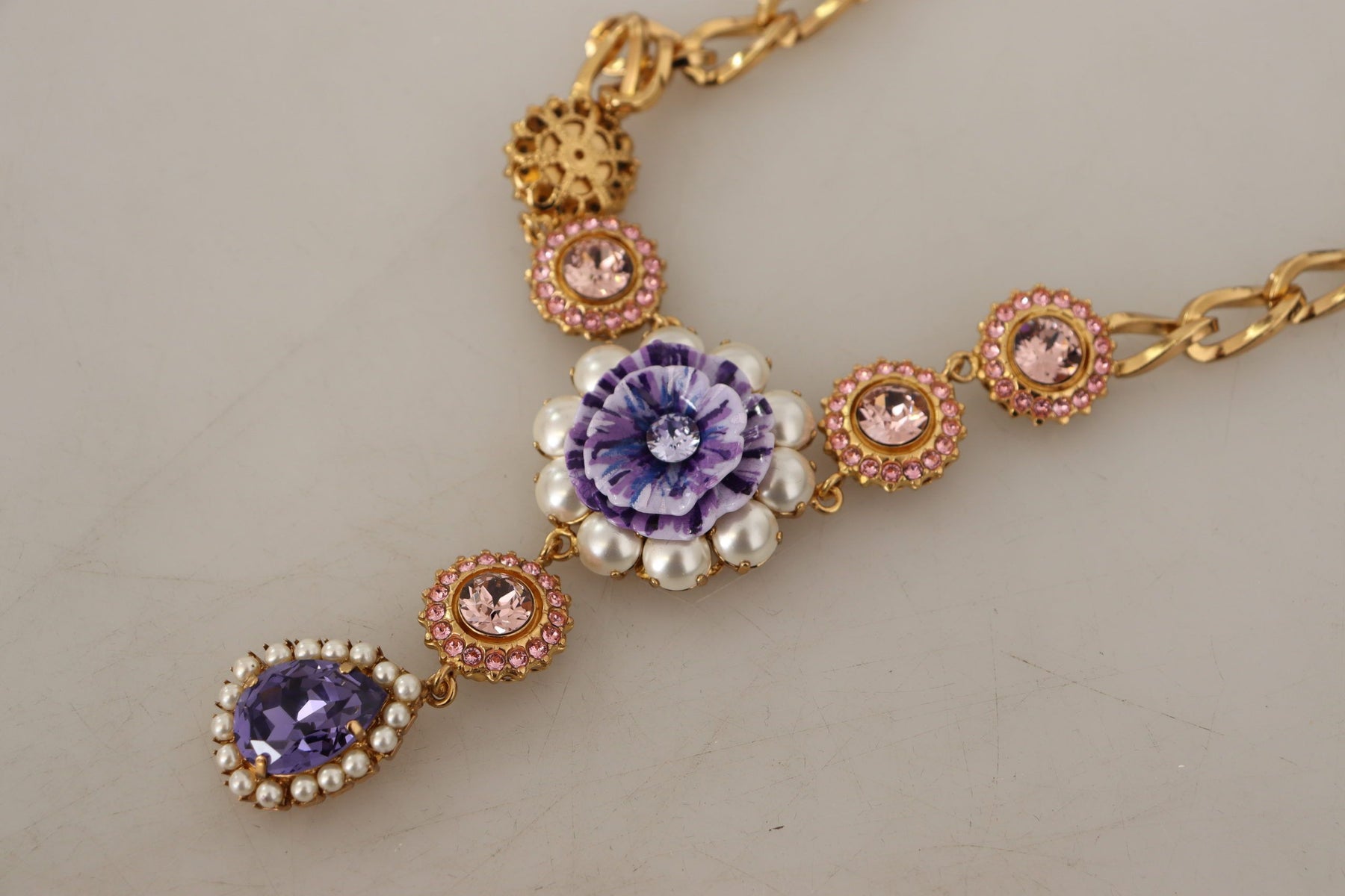 Dolce & Gabbana Gold Brass Crystal Purple Pink Pearl Pendants Necklace | Regal Royce