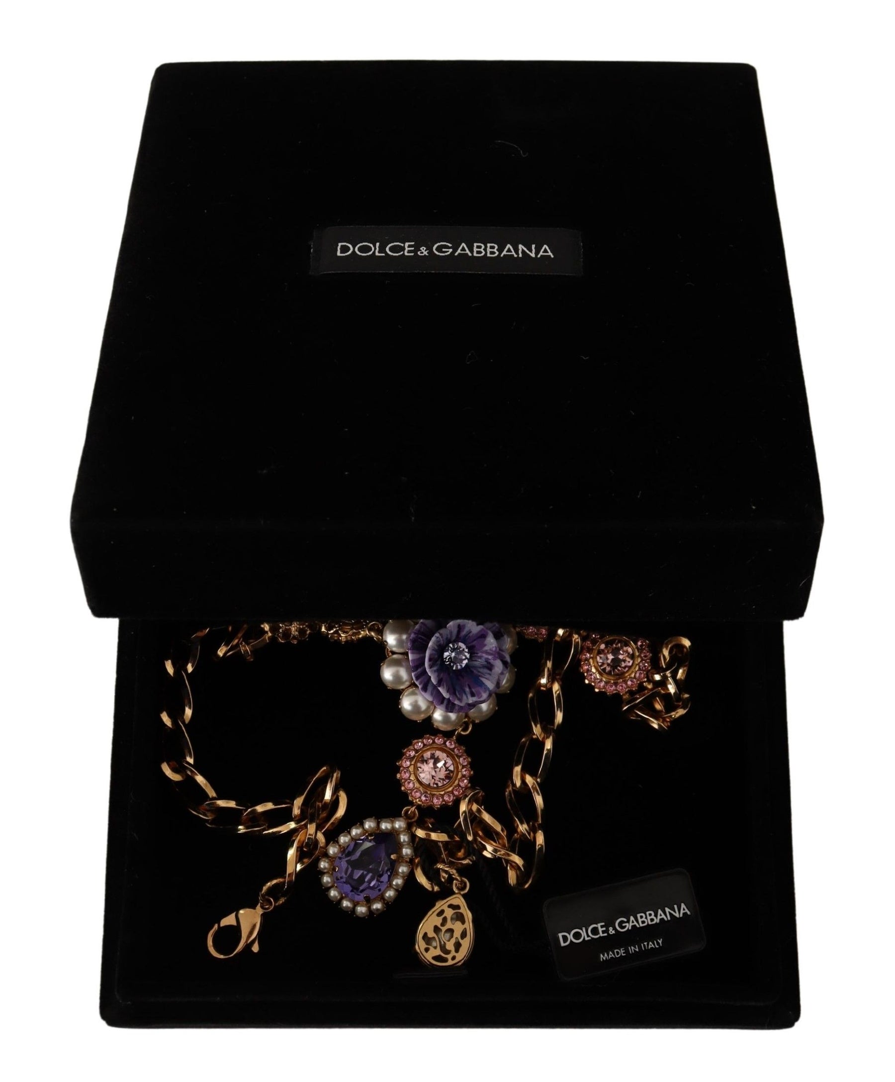 Dolce & Gabbana Gold Brass Crystal Purple Pink Pearl Pendants Necklace | Regal Royce