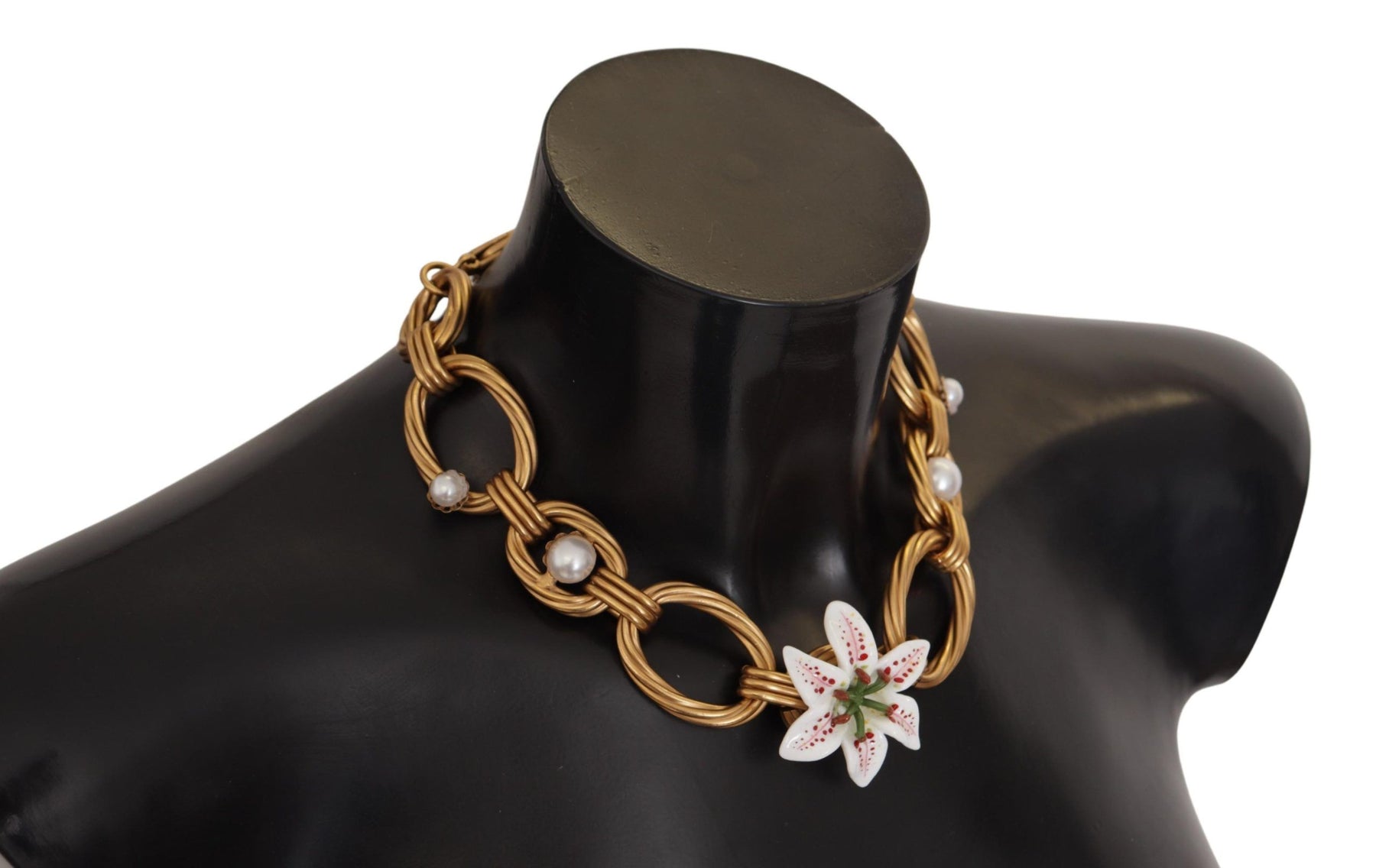 Dolce & Gabbana Gold White Lily Floral Chain Statement Necklace | Regal Royce