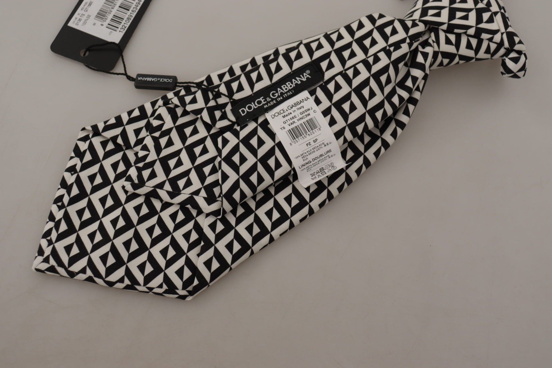 Dolce & Gabbana Black White Geometric 100% Silk Adjustable Accessory Tie | Regal Royce