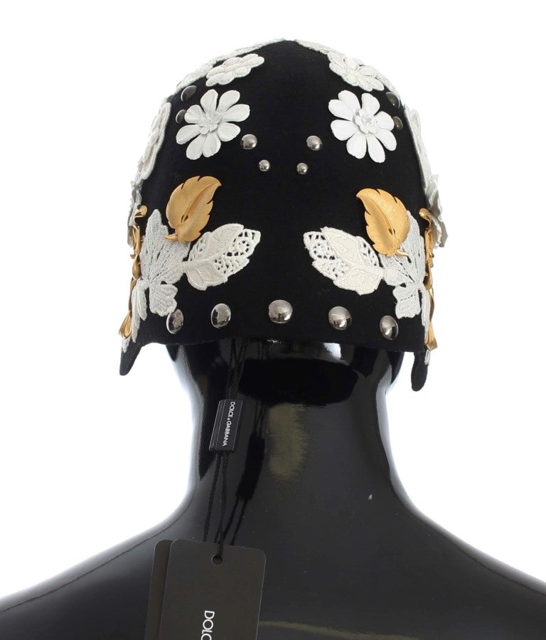 Dolce & Gabbana Black Wool White Floral Gold Leaf Hat | Regal Royce