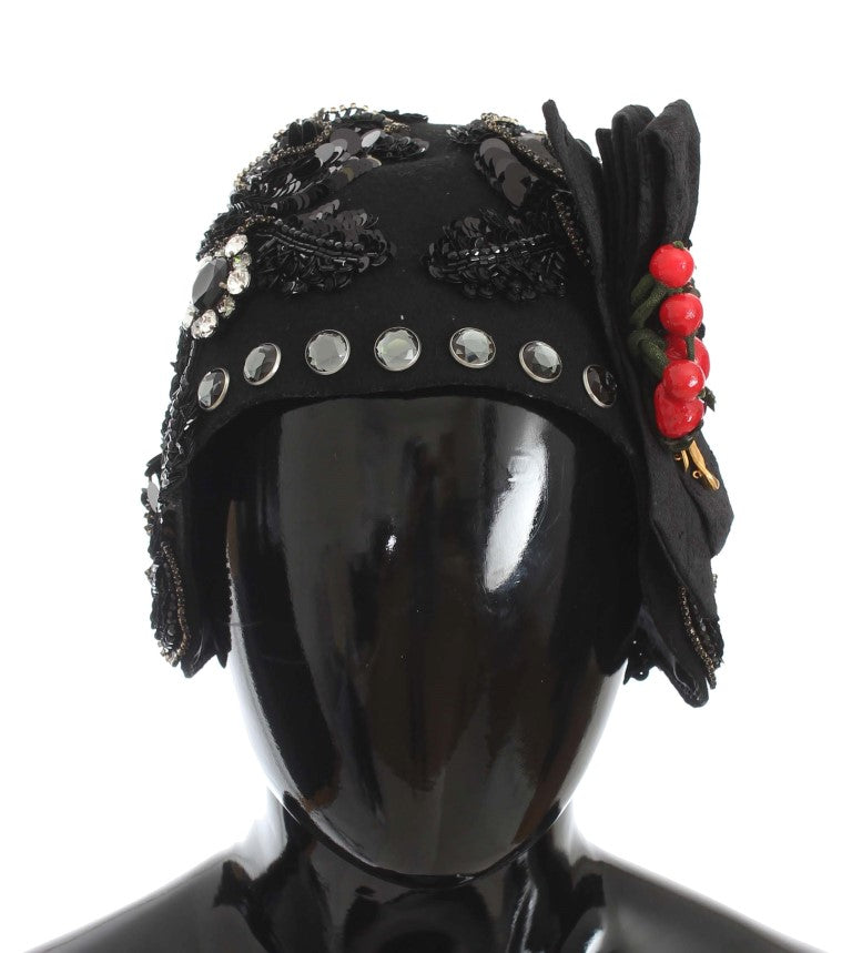 Dolce & Gabbana Black Crystal Gold Cherries Brooch Hat | Regal Royce
