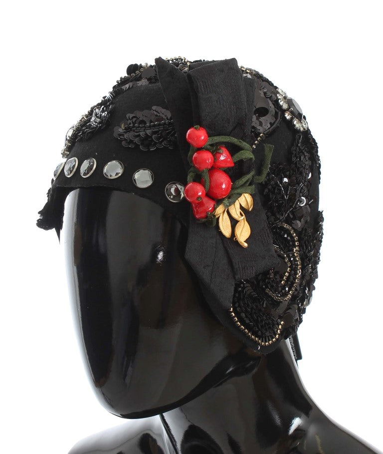 Dolce & Gabbana Black Crystal Gold Cherries Brooch Hat | Regal Royce