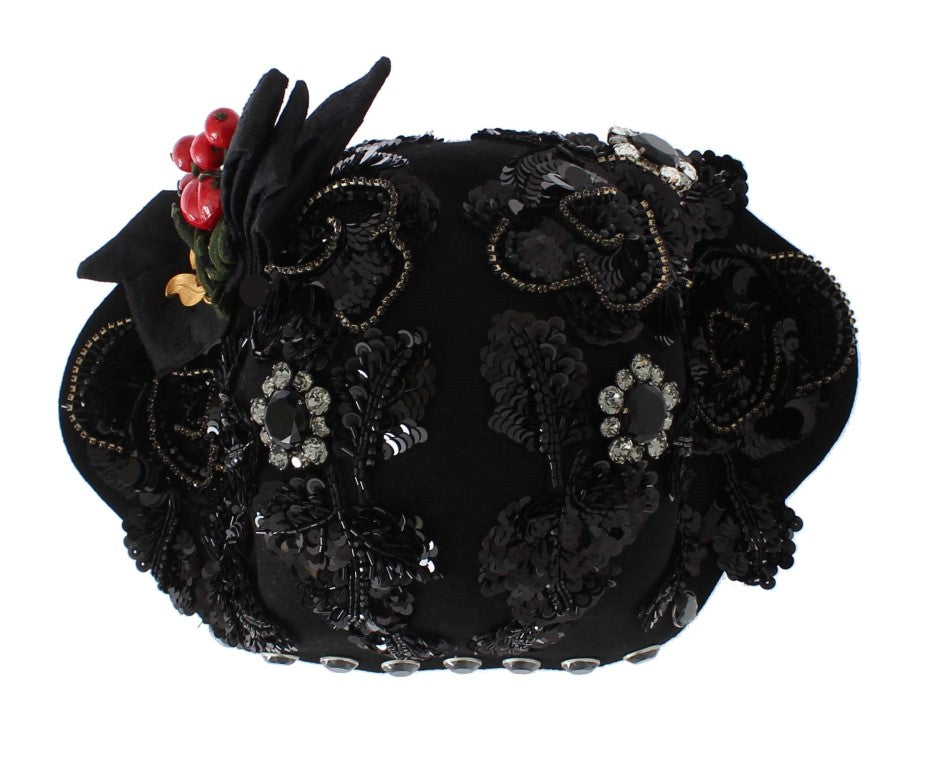 Dolce & Gabbana Black Crystal Gold Cherries Brooch Hat | Regal Royce
