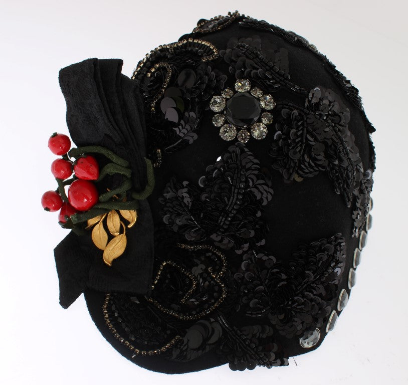 Dolce & Gabbana Black Crystal Gold Cherries Brooch Hat | Regal Royce