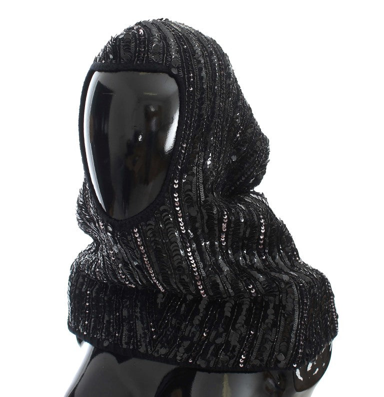 Dolce & Gabbana Black Knitted Sequin Hood Scarf Hat | Regal Royce
