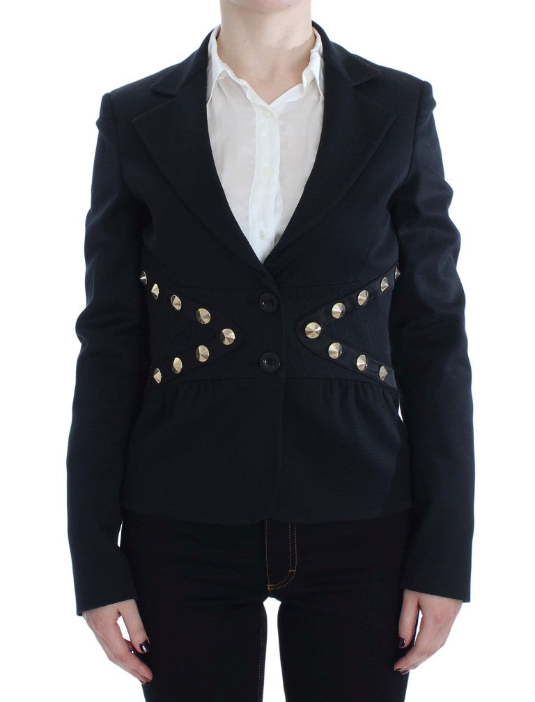 Exte Black Cotton Stretch Gold Studded Blazer Jacket | Regal Royce