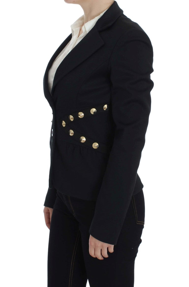 Exte Black Cotton Stretch Gold Studded Blazer Jacket | Regal Royce