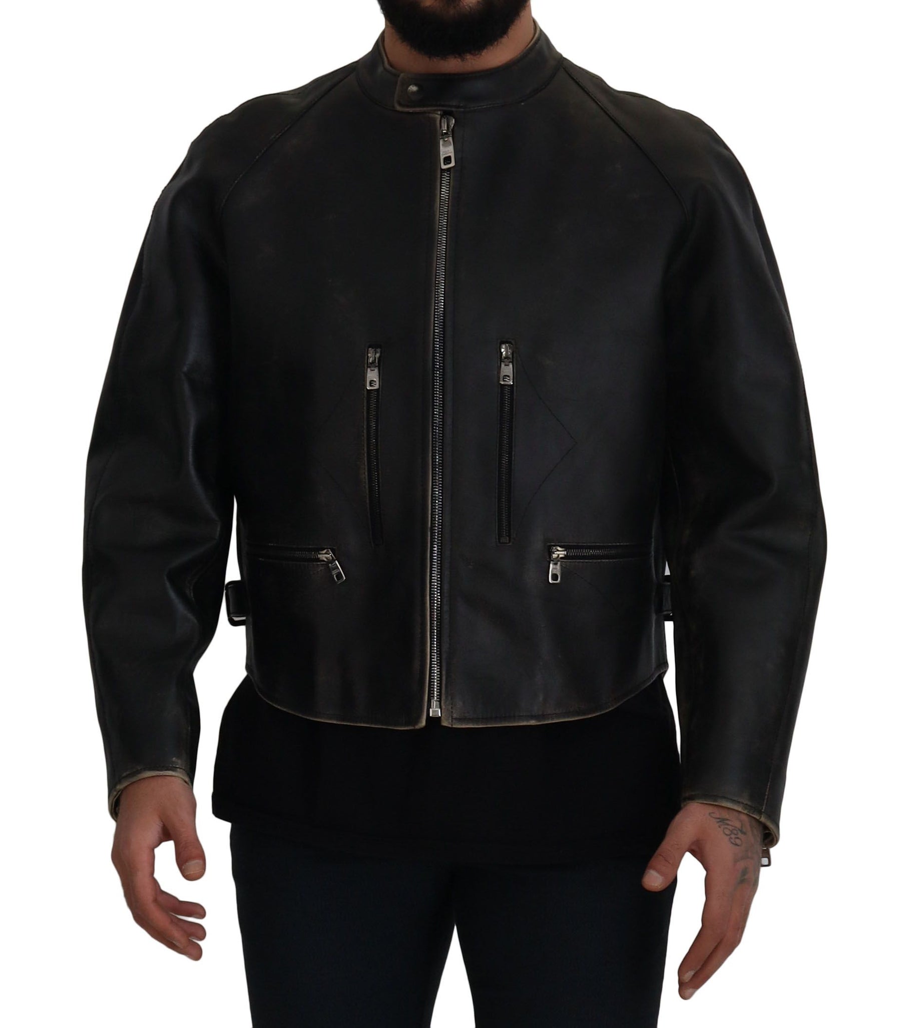 Dolce & Gabbana Black Leather Zipper Biker Coat Jacket | Regal Royce