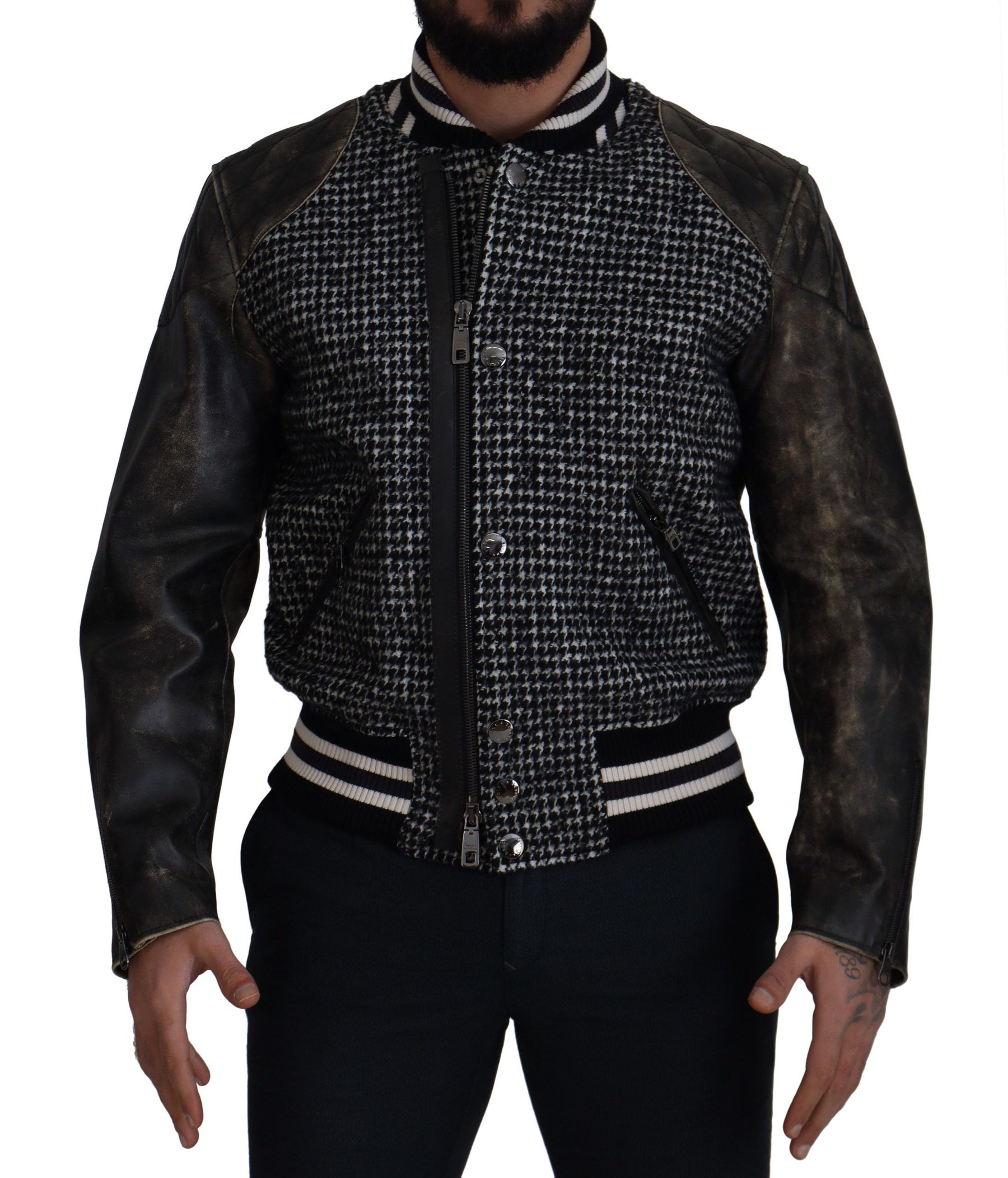 Dolce & Gabbana Black Houndstooth Polyester Bomber Jacket | Regal Royce