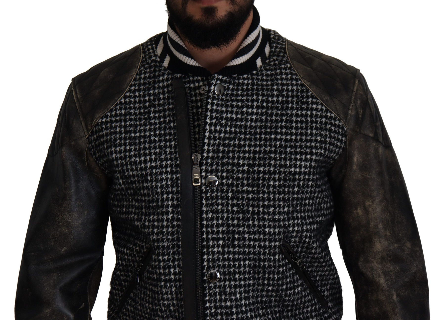 Dolce & Gabbana Black Houndstooth Polyester Bomber Jacket | Regal Royce
