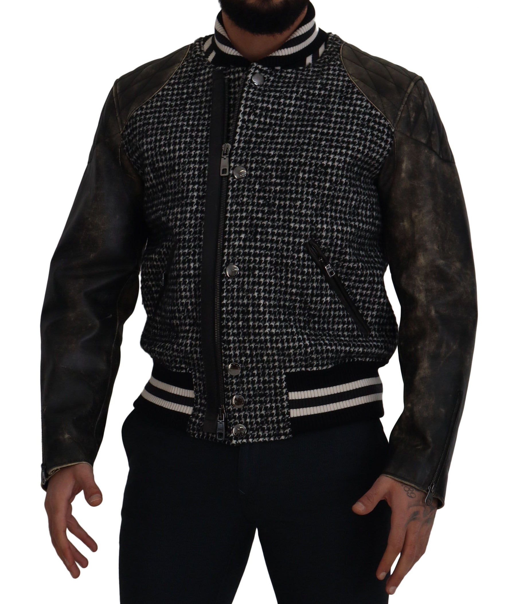 Dolce & Gabbana Black Houndstooth Polyester Bomber Jacket | Regal Royce