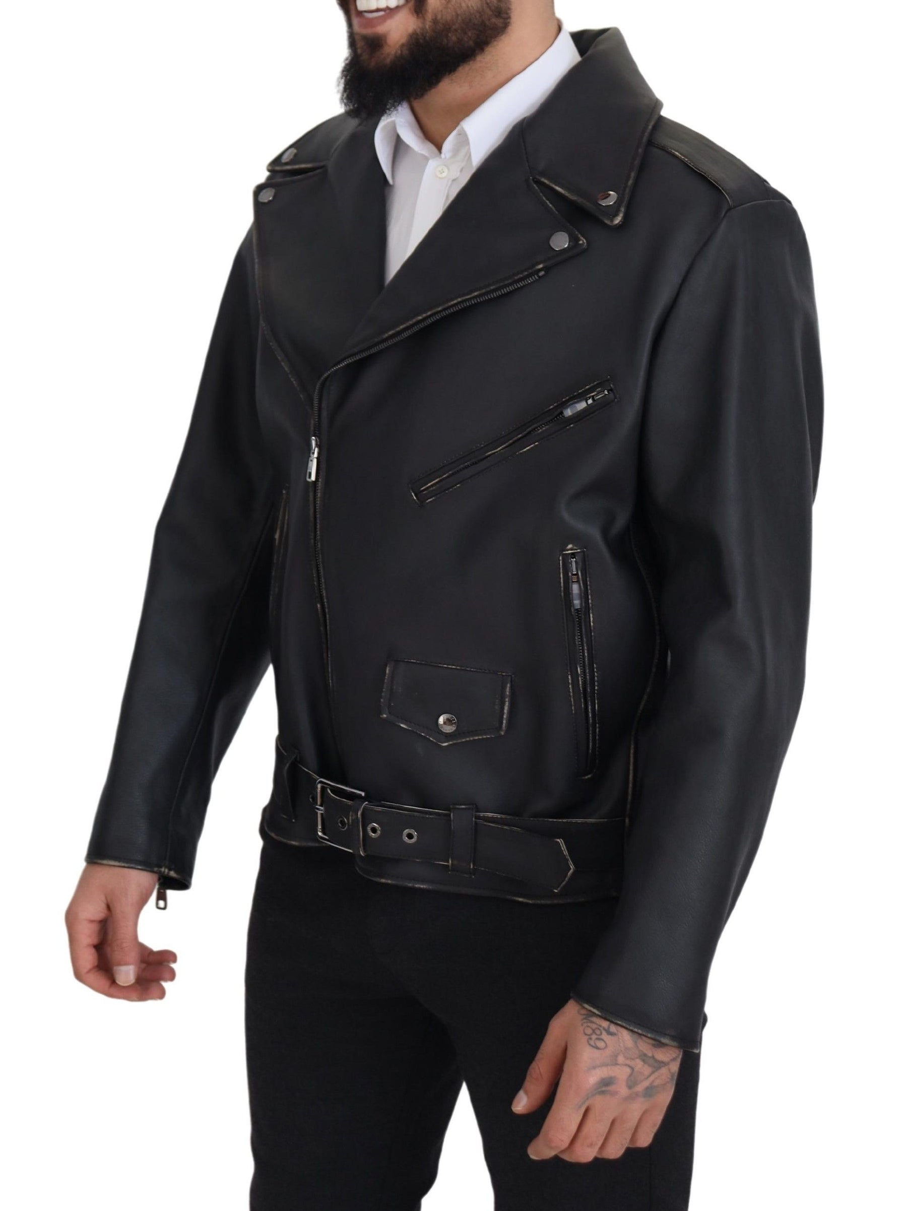 Dolce & Gabbana Black Leather Biker Coat Zipper Jacket | Regal Royce