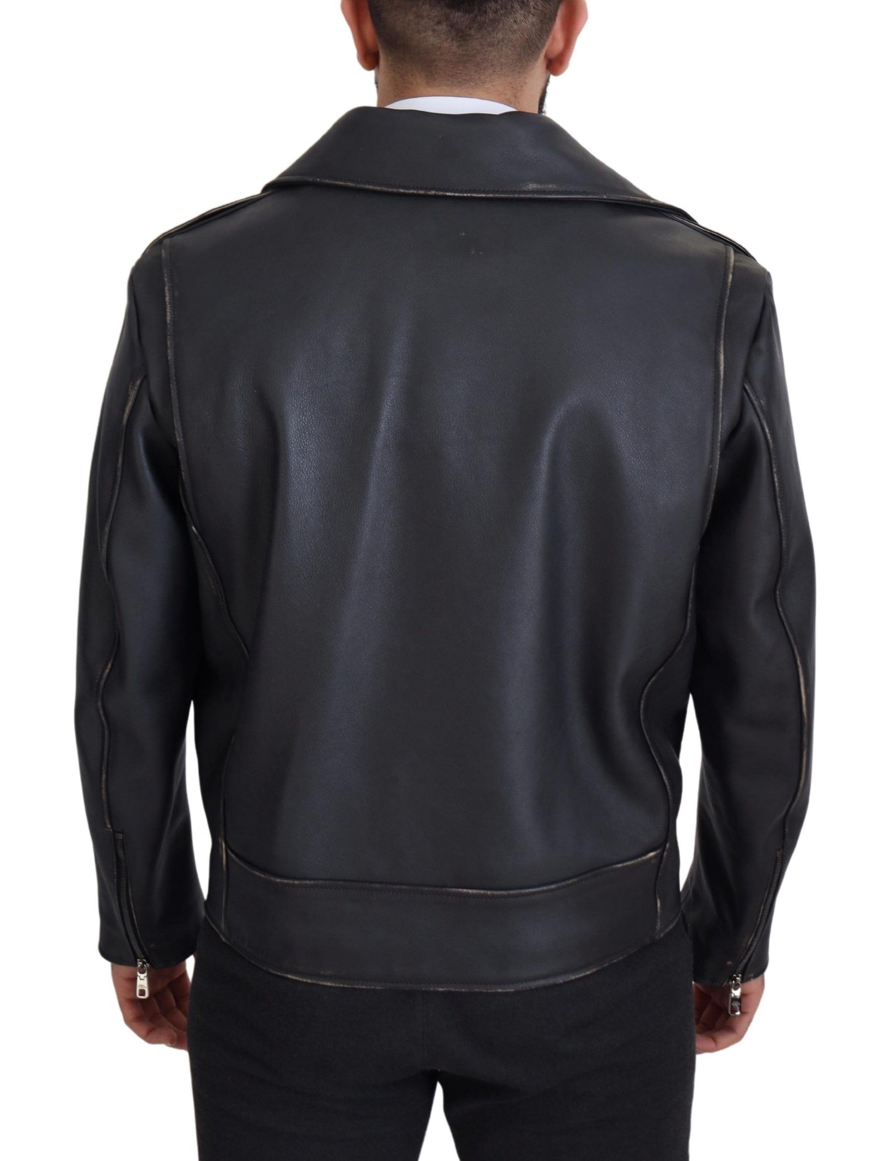Dolce & Gabbana Black Leather Biker Coat Zipper Jacket | Regal Royce