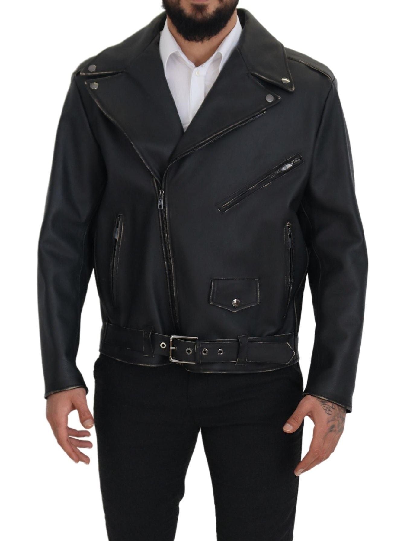 Dolce & Gabbana Black Leather Biker Coat Zipper Jacket | Regal Royce