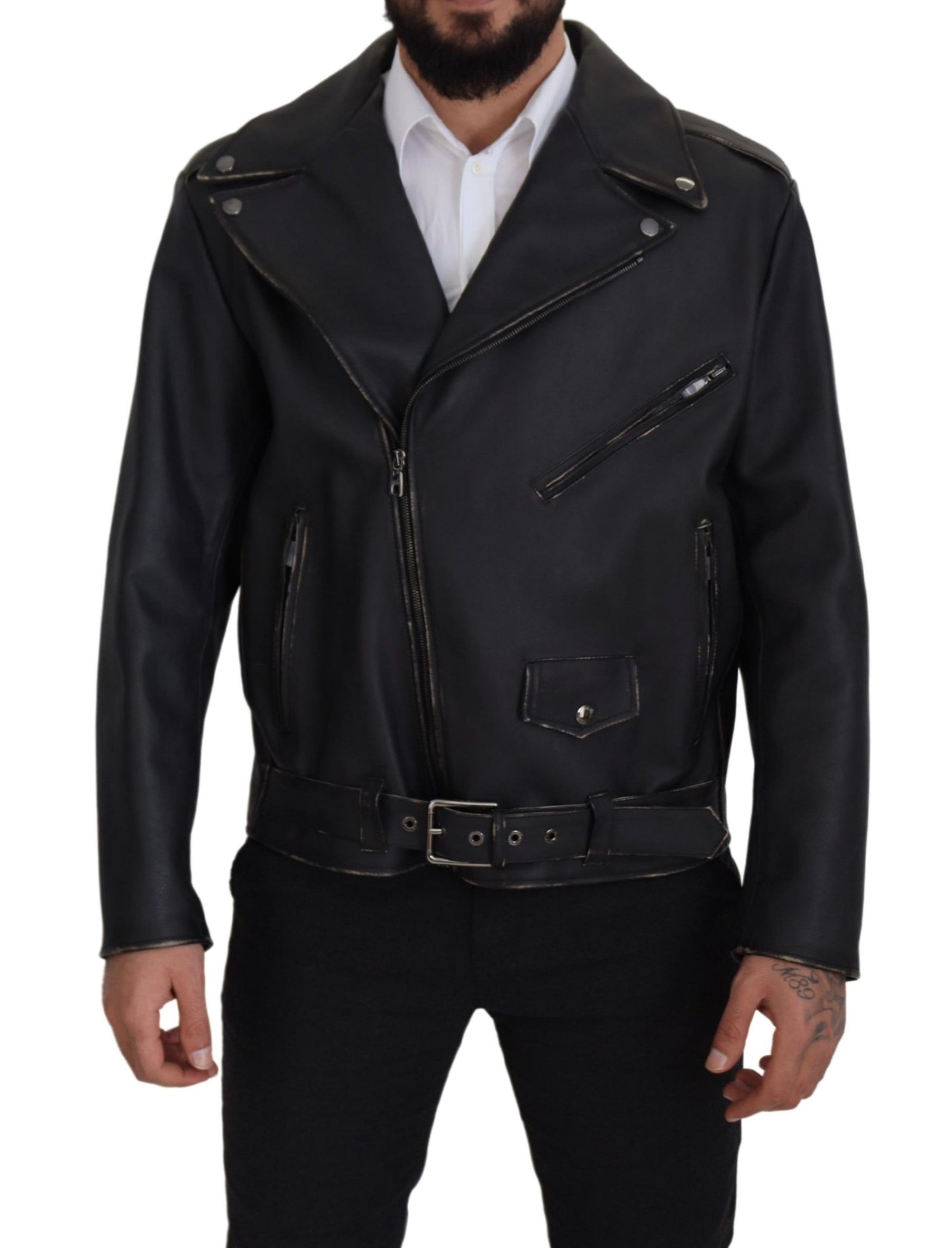 Dolce & Gabbana Black Leather Biker Coat Zipper Jacket | Regal Royce