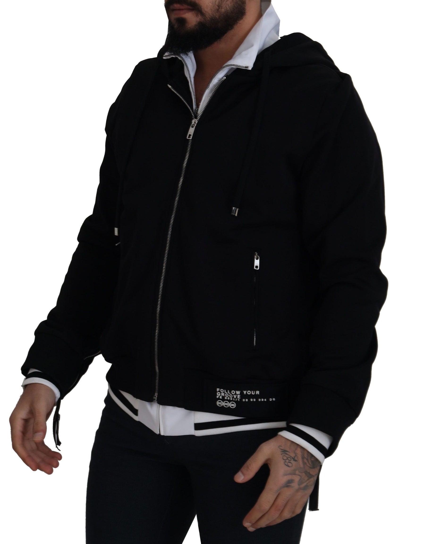 Dolce & Gabbana Black Polyester Hooded Full Zip Jacket | Regal Royce