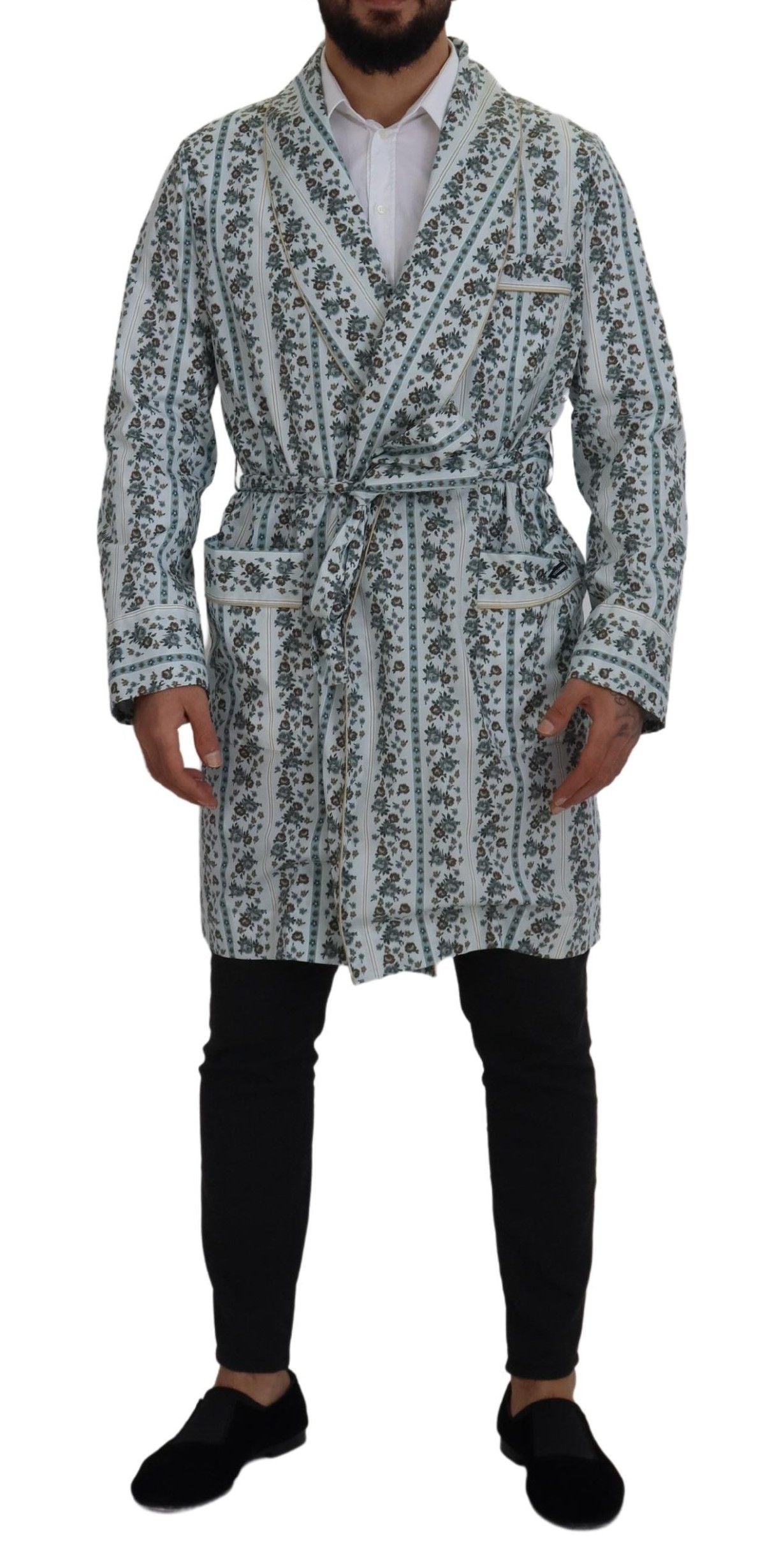 Dolce & Gabbana Blue Floral Cotton Robe Coat Jacket | Regal Royce