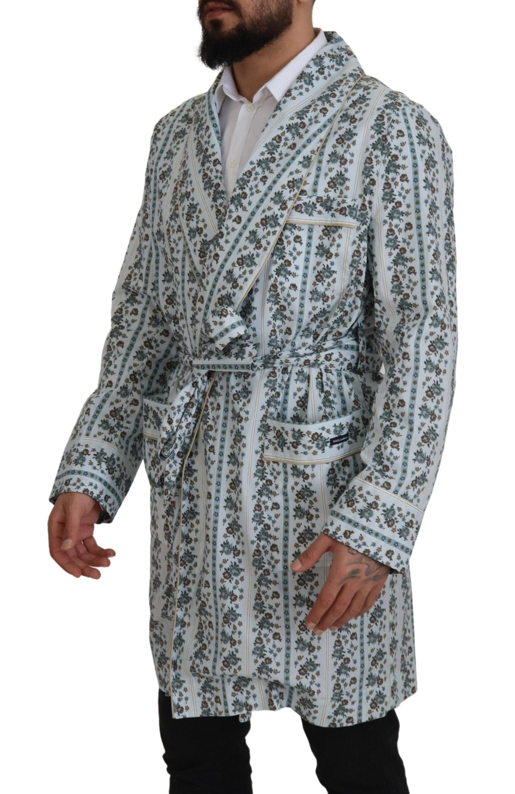 Dolce & Gabbana Blue Floral Cotton Robe Coat Jacket | Regal Royce