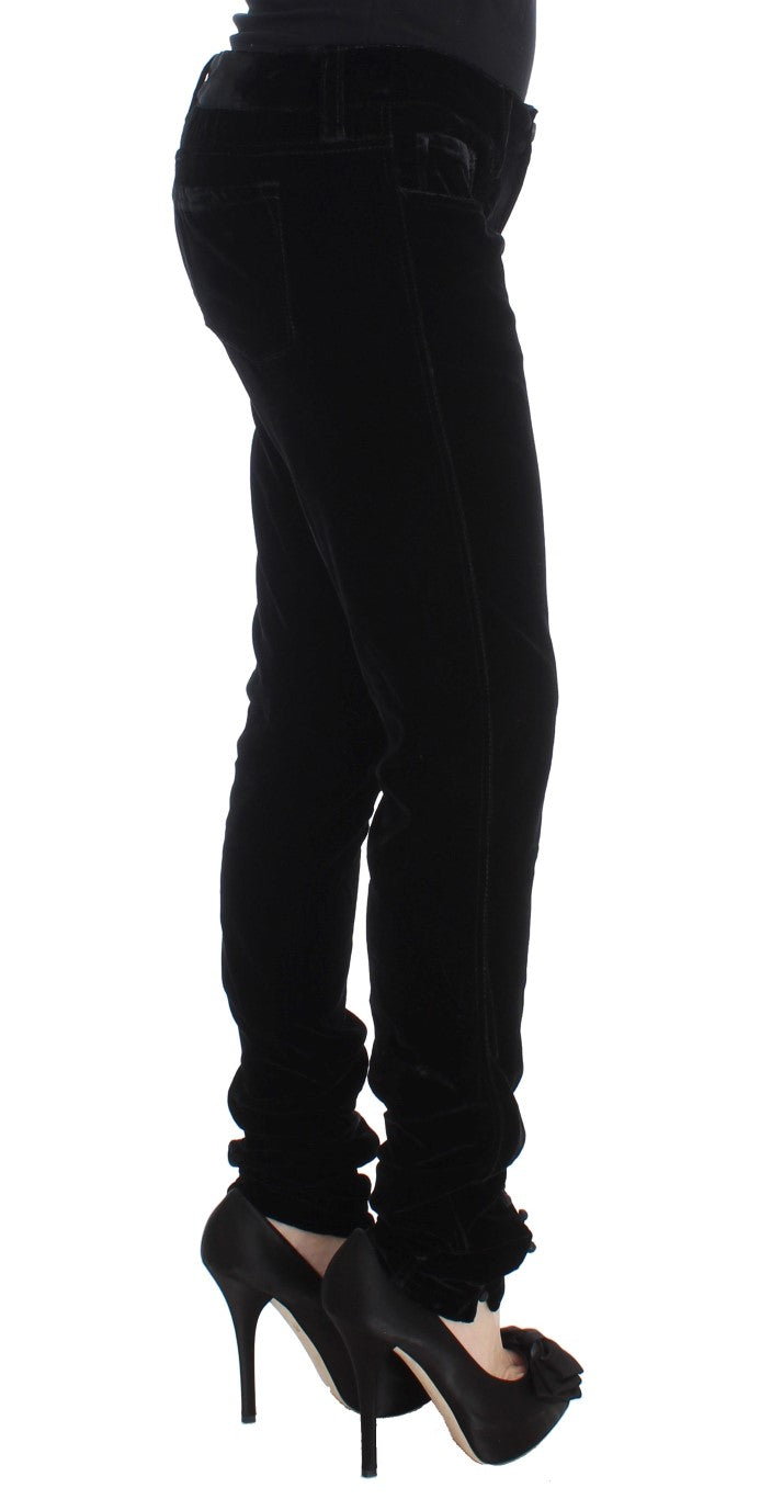 Ermanno Scervino Black Viscose Blend Velvet Slim Fit Pants | Regal Royce
