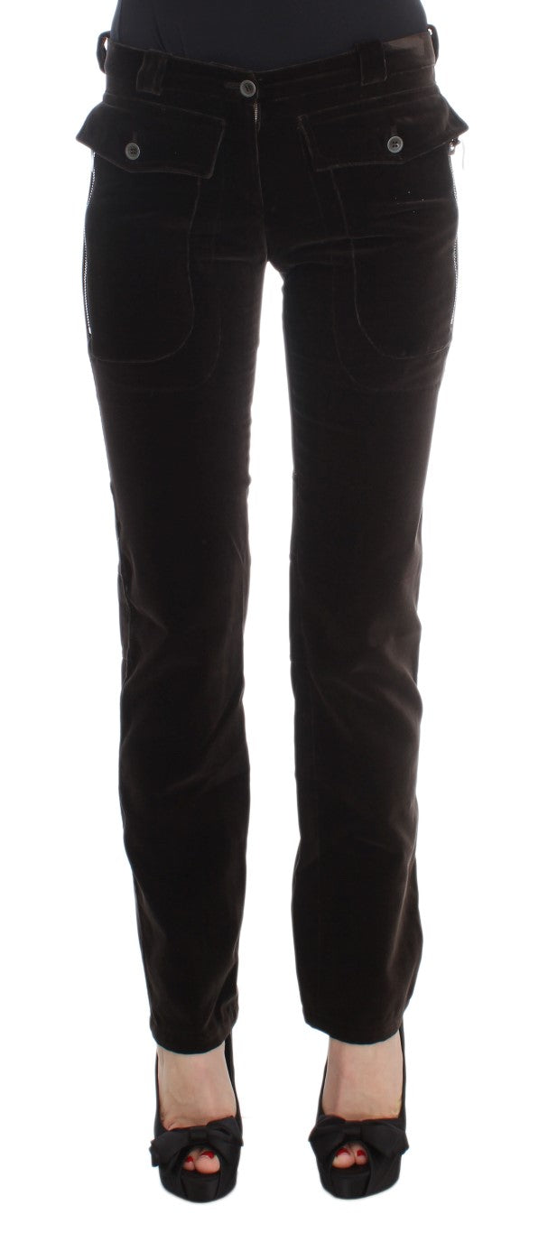 Ermanno Scervino Brown Cotton Velvet Zippers Slim Fit Pants | Regal Royce