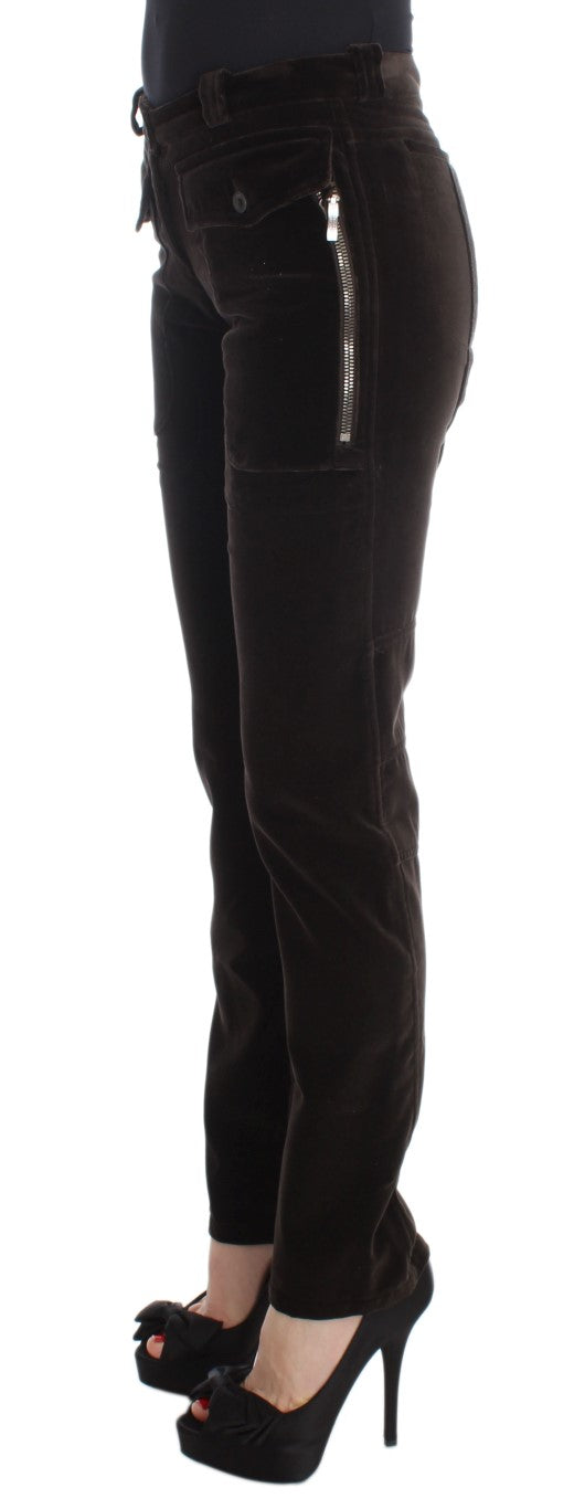 Ermanno Scervino Brown Cotton Velvet Zippers Slim Fit Pants | Regal Royce