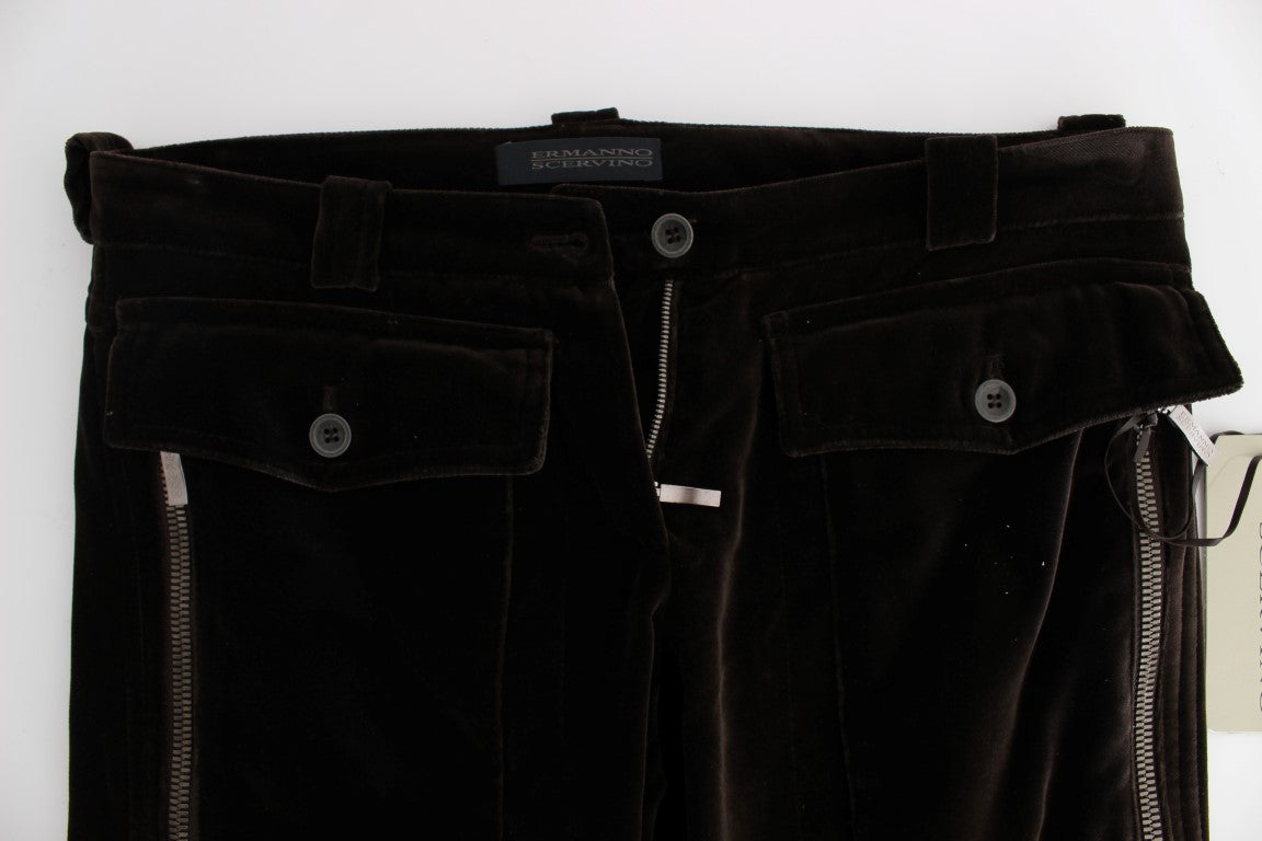 Ermanno Scervino Brown Cotton Velvet Zippers Slim Fit Pants | Regal Royce