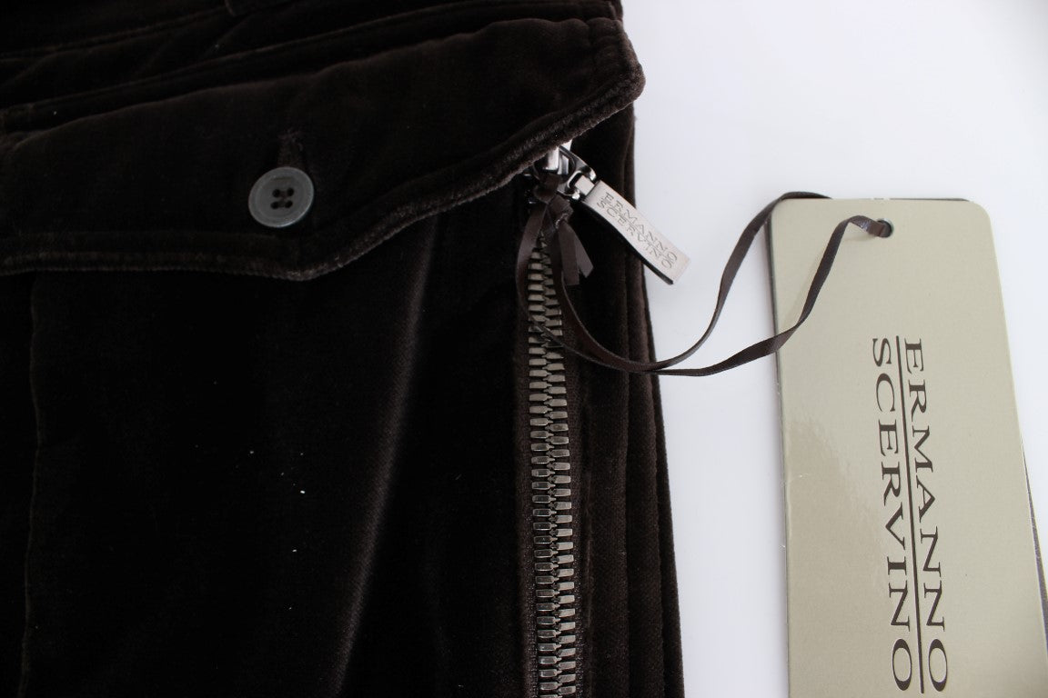 Ermanno Scervino Brown Cotton Velvet Zippers Slim Fit Pants | Regal Royce
