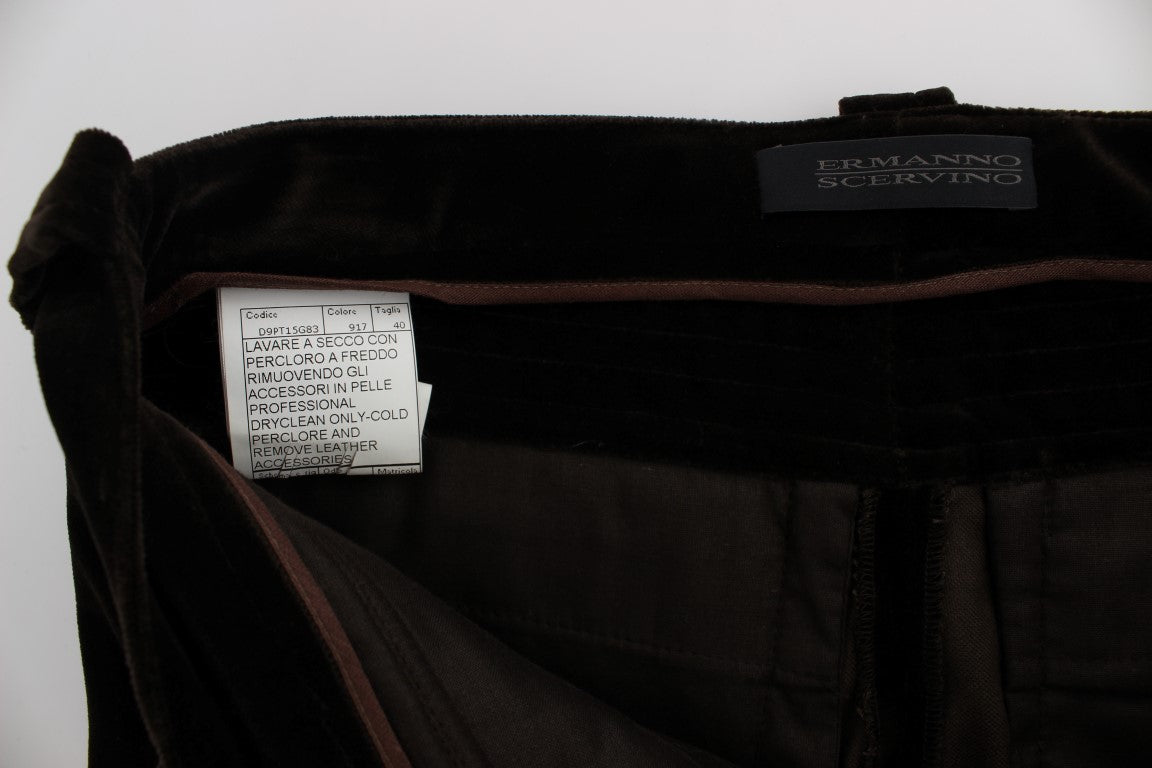 Ermanno Scervino Brown Cotton Velvet Zippers Slim Fit Pants | Regal Royce