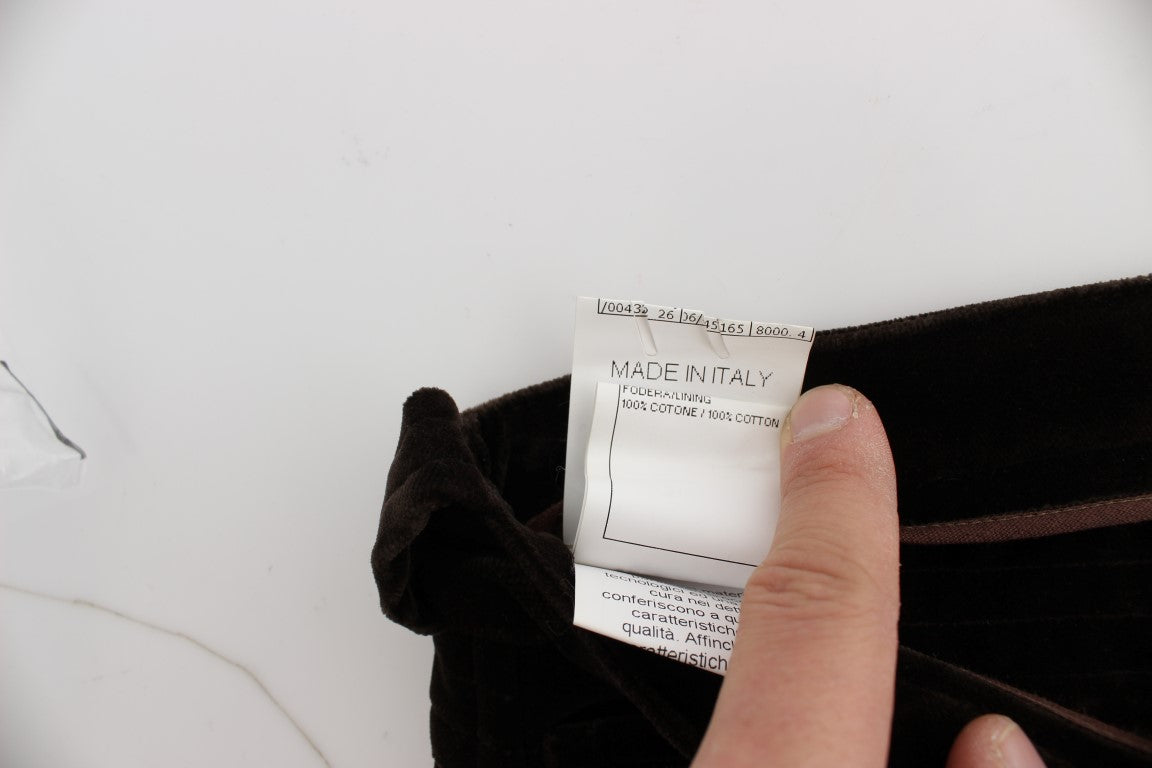 Ermanno Scervino Brown Cotton Velvet Zippers Slim Fit Pants | Regal Royce