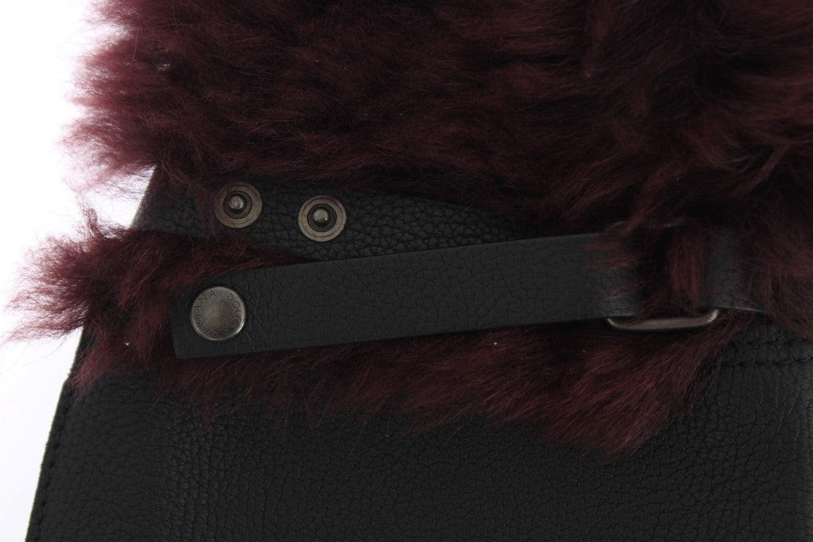 Dolce & Gabbana Black Leather Bordeaux Shearling Gloves | Regal Royce