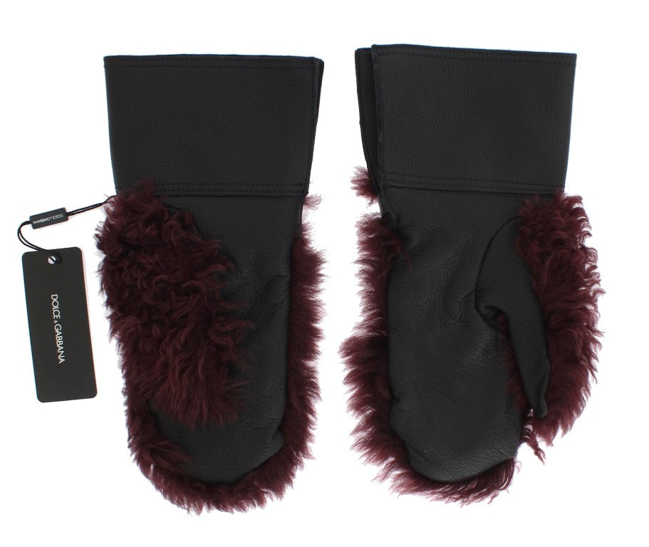 Dolce & Gabbana Black Leather Bordeaux Shearling Gloves | Regal Royce