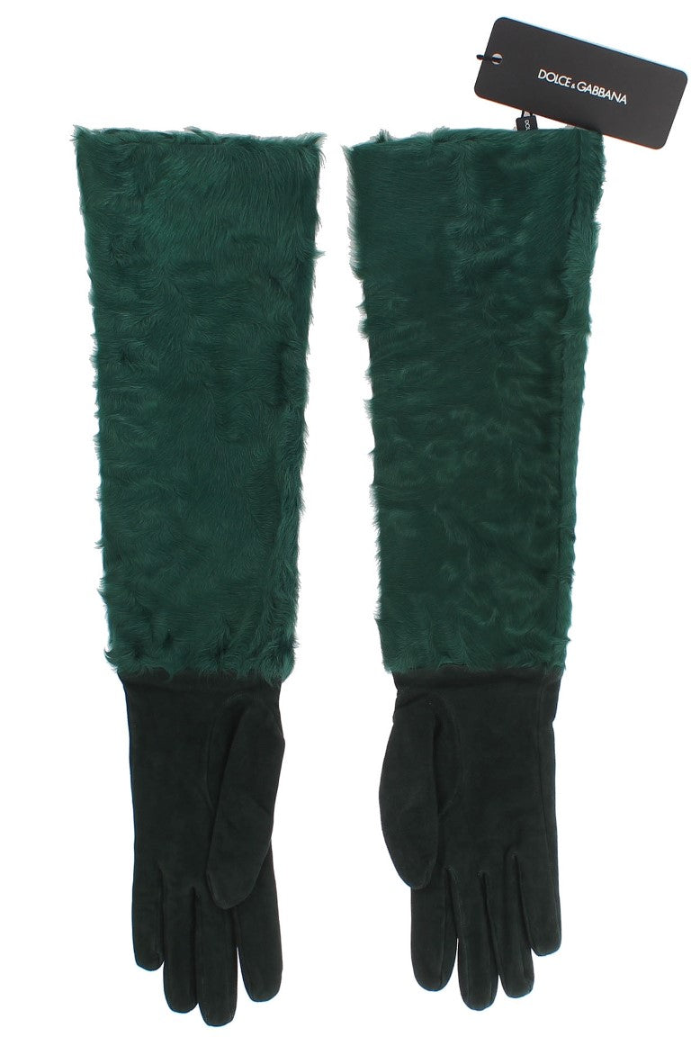 Dolce & Gabbana Green Leather Xiangao Fur Elbow Gloves | Regal Royce