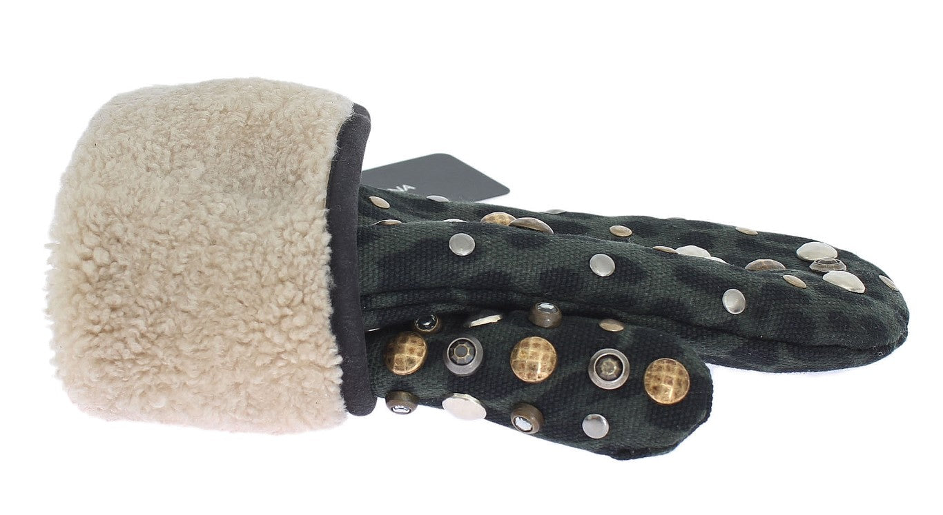 Dolce & Gabbana Gray Wool Shearling Studded Green Leopard Gloves | Regal Royce